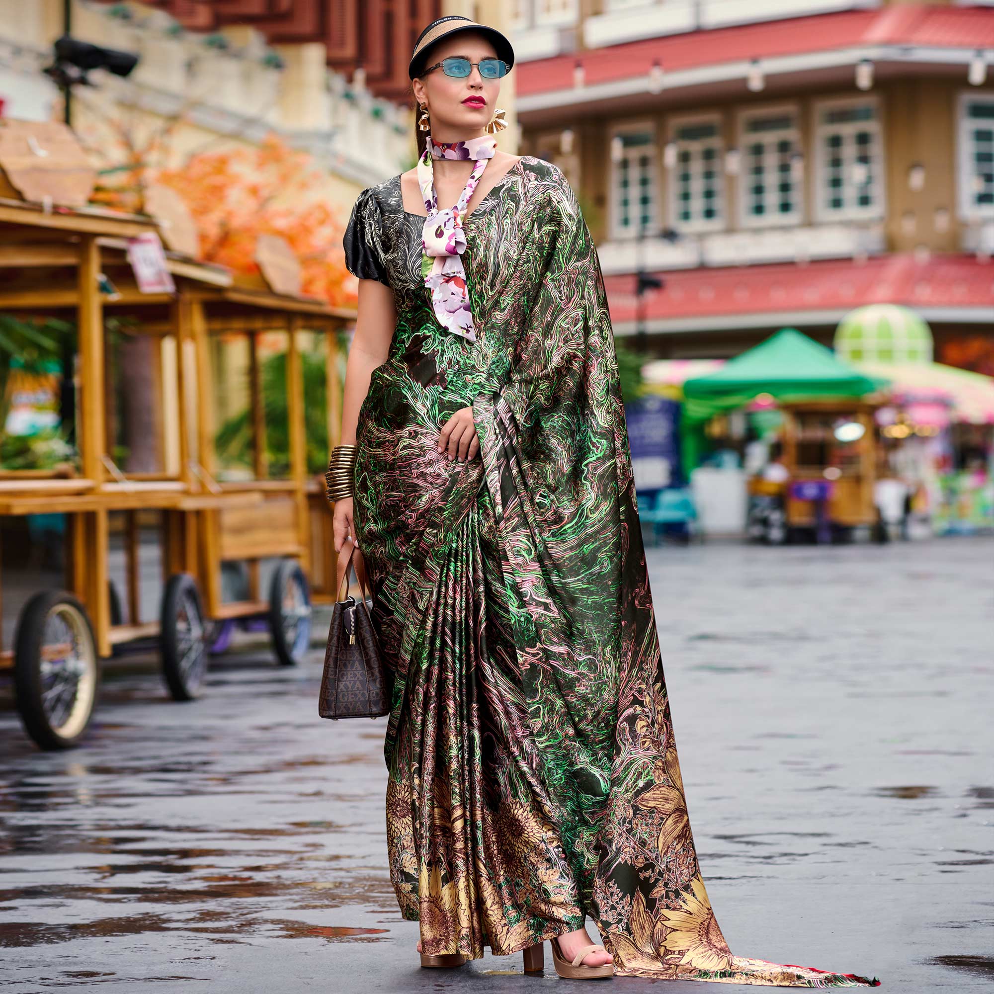 Green Digital Printed Pure Satin Saree