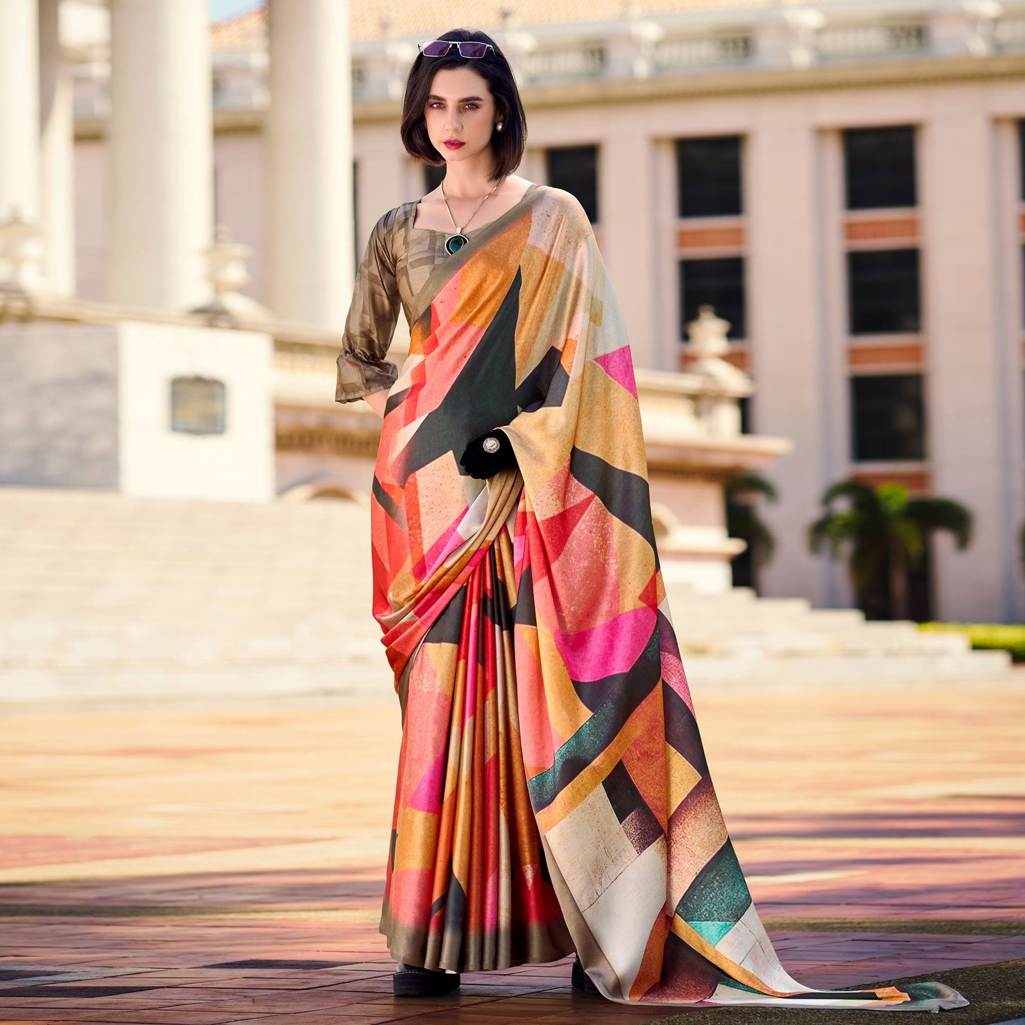 Multicolor Digital Printed Pure Satin Saree