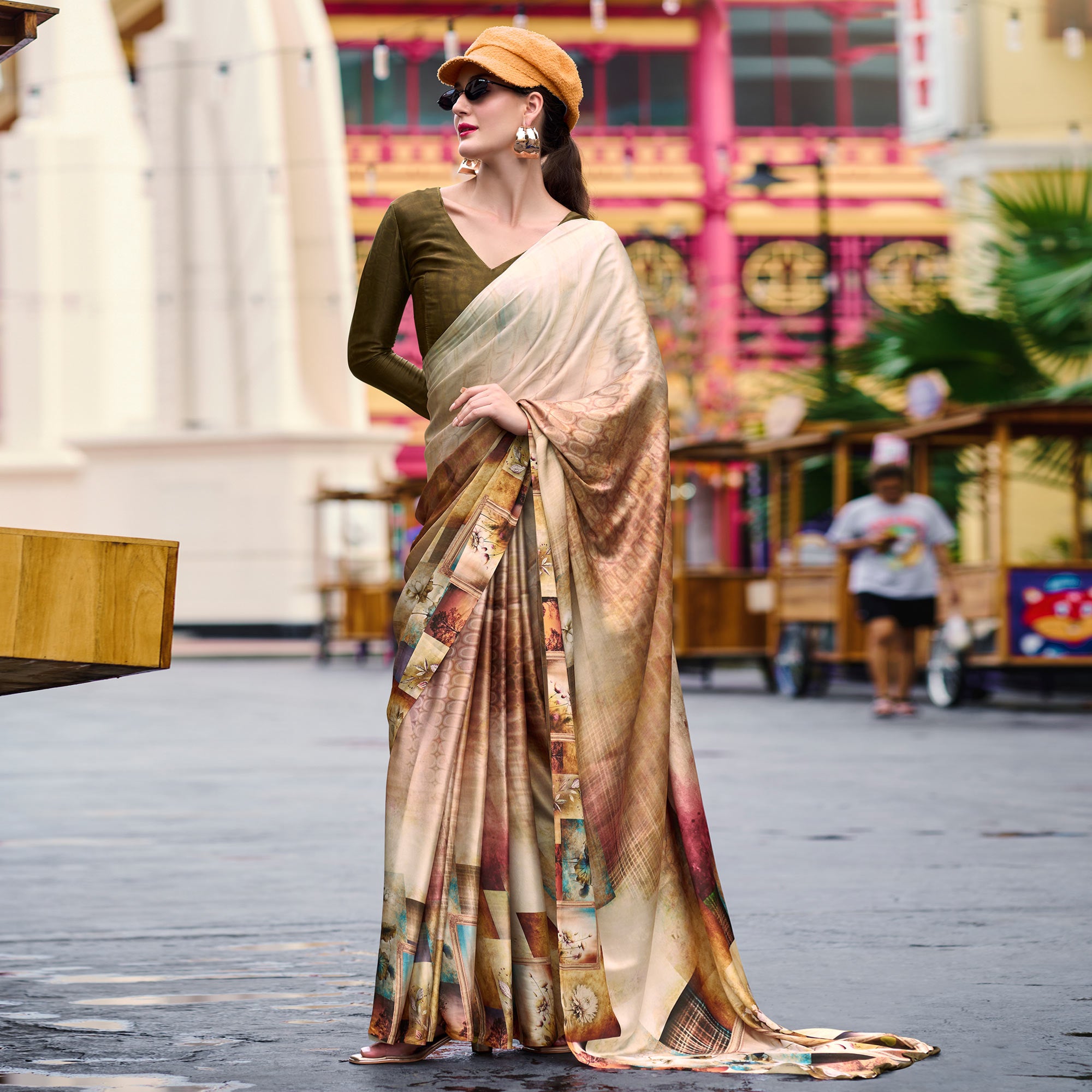 Chikoo Digital Printed Pure Satin Saree