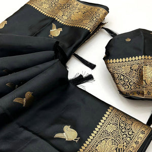 Black Satin Silk Saree With Zari Woven Bird Motifs & Elegant Tassel Border
