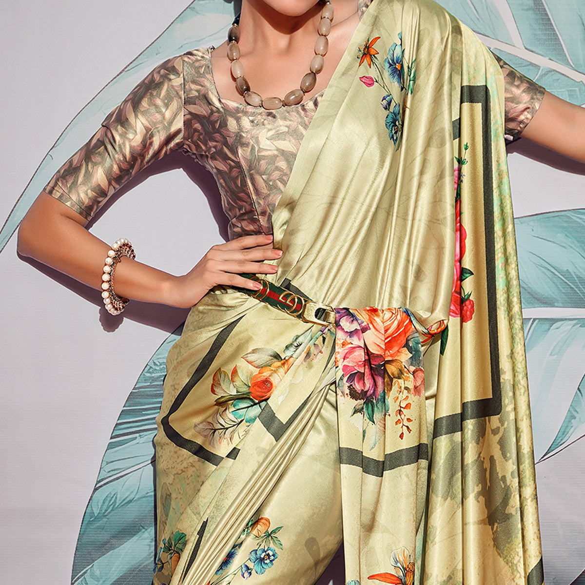 Light Green Digital Printed Satin Saree