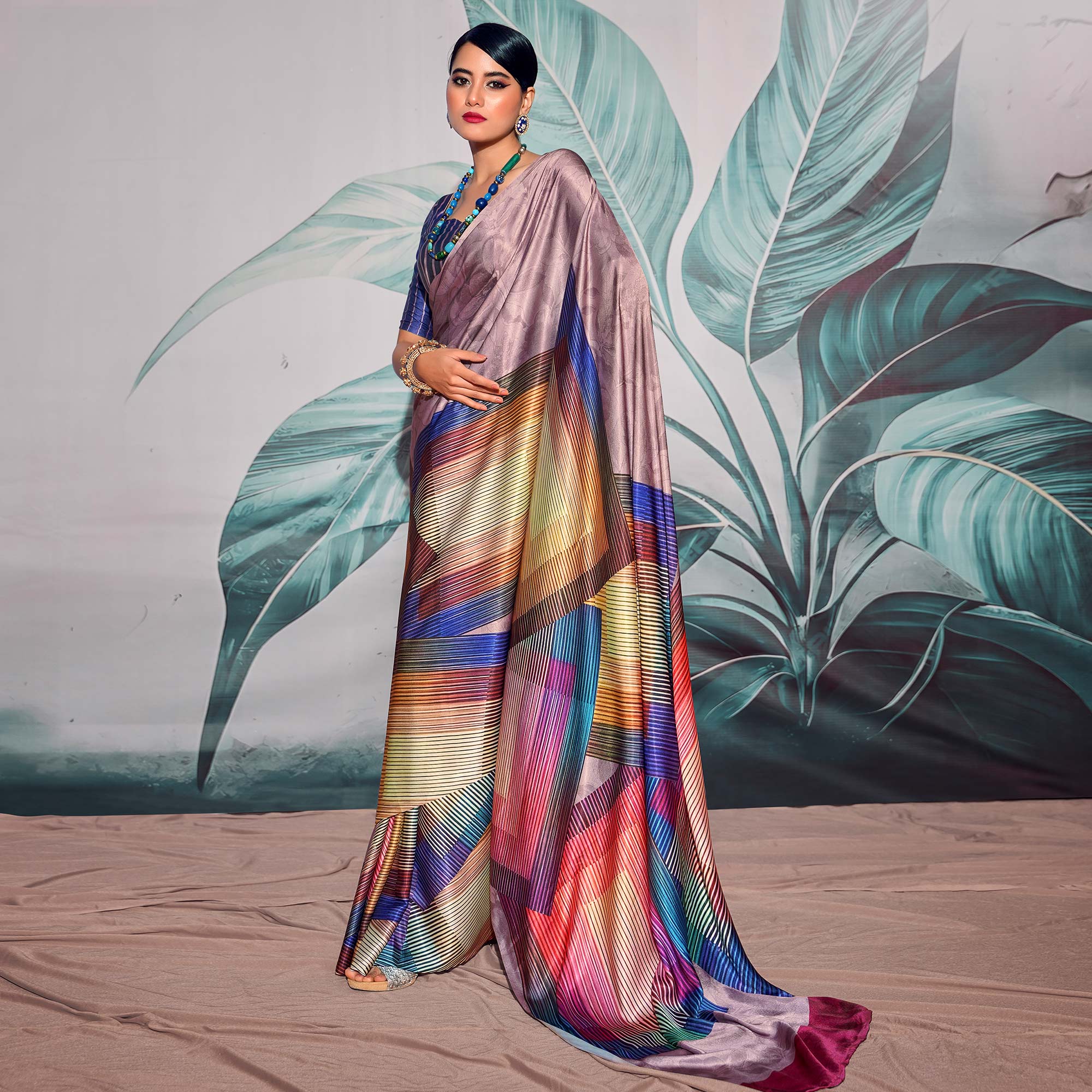 Multicolor Digital Printed Satin Saree