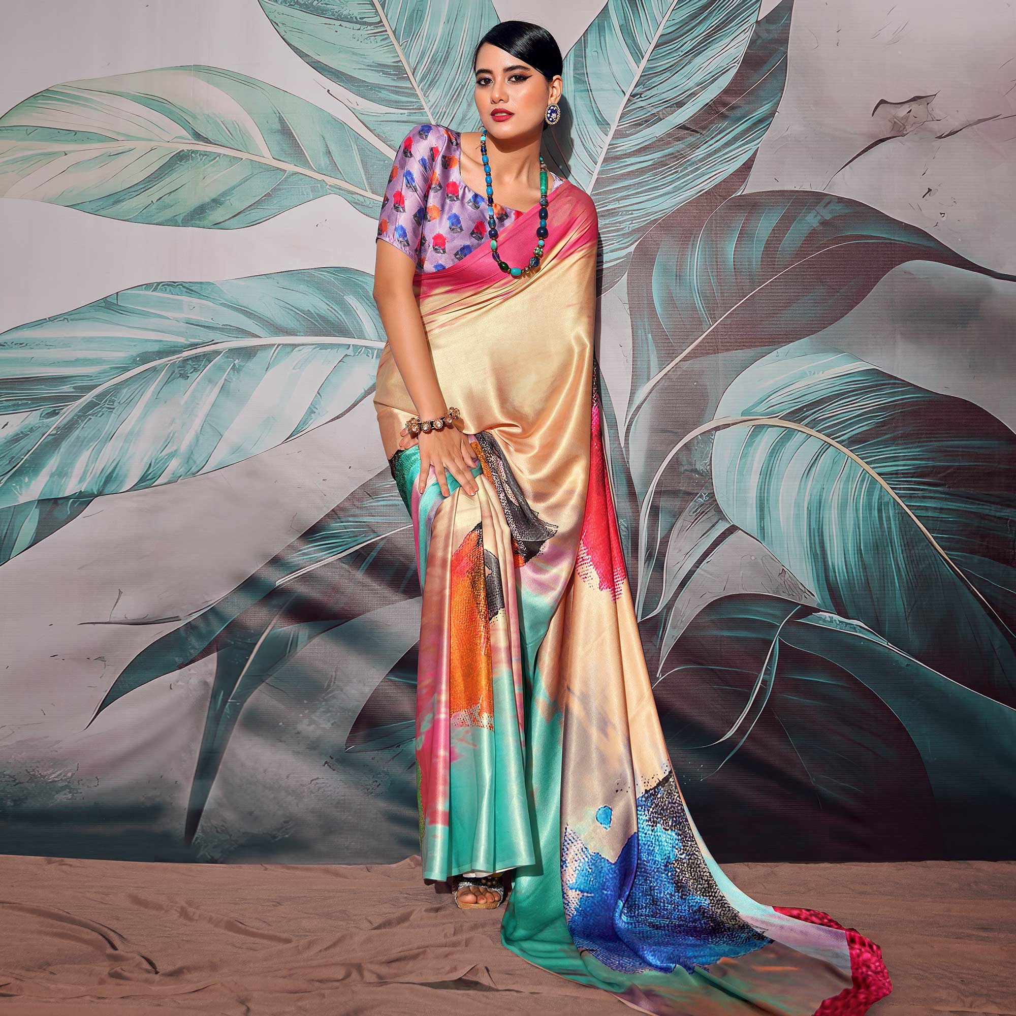 Multicolor Digital Printed Satin Saree