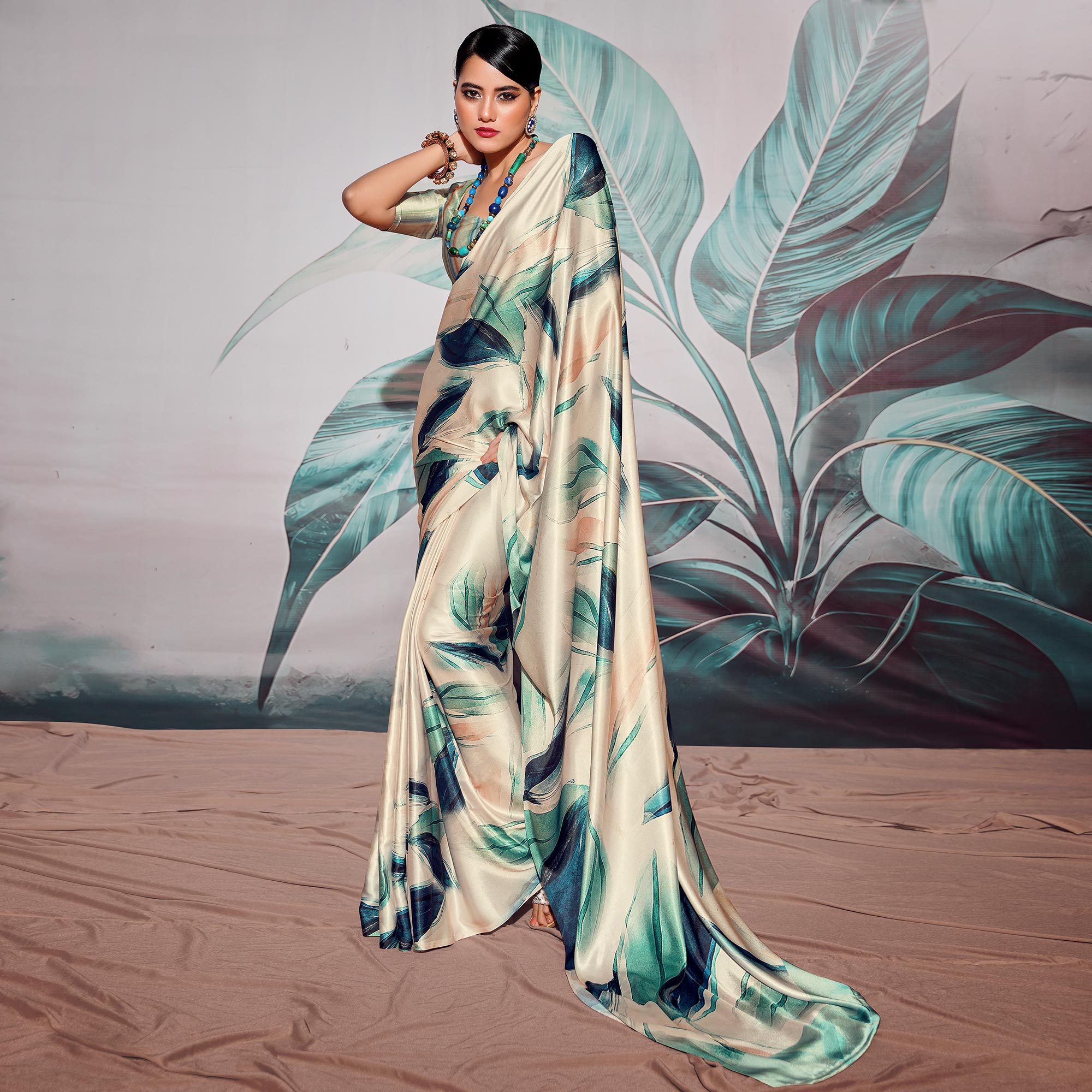 Off White Digital Printed Satin Saree