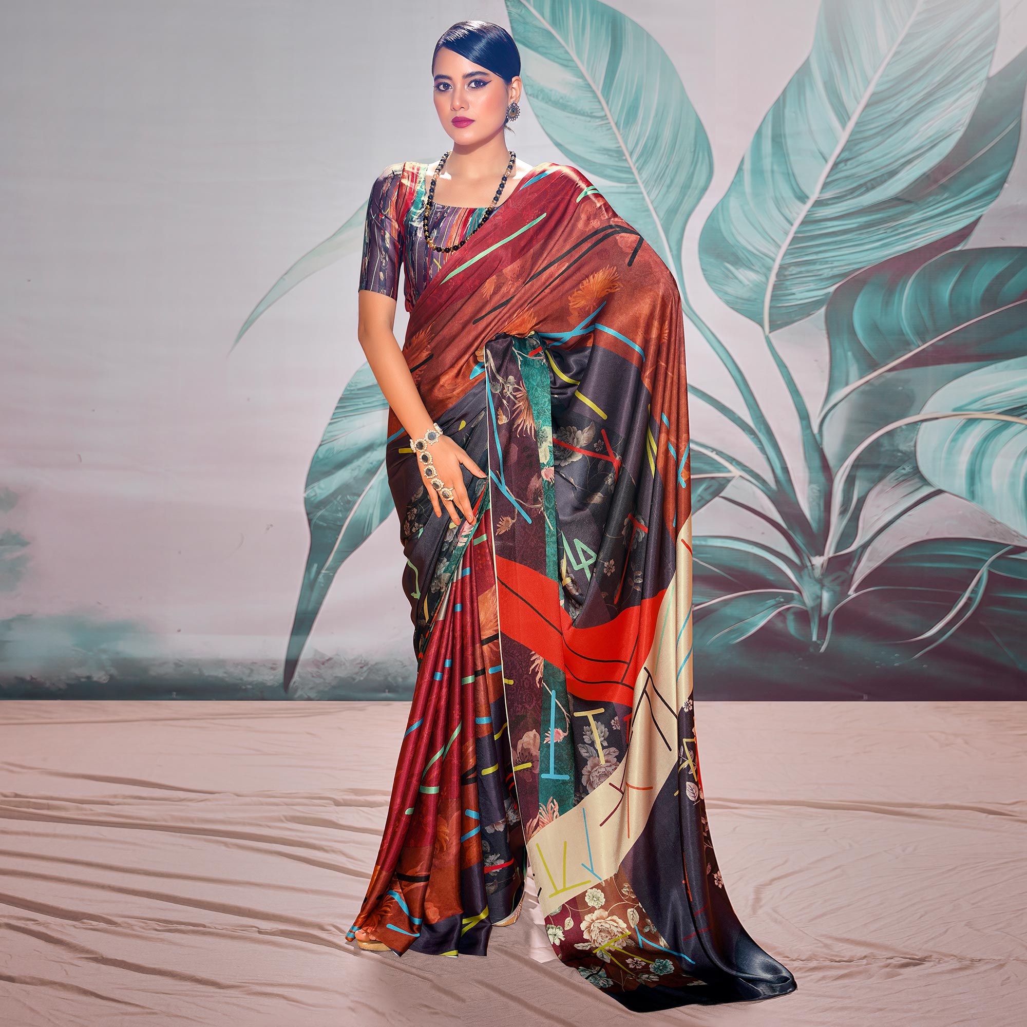 Multicolor Digital Printed Satin Saree