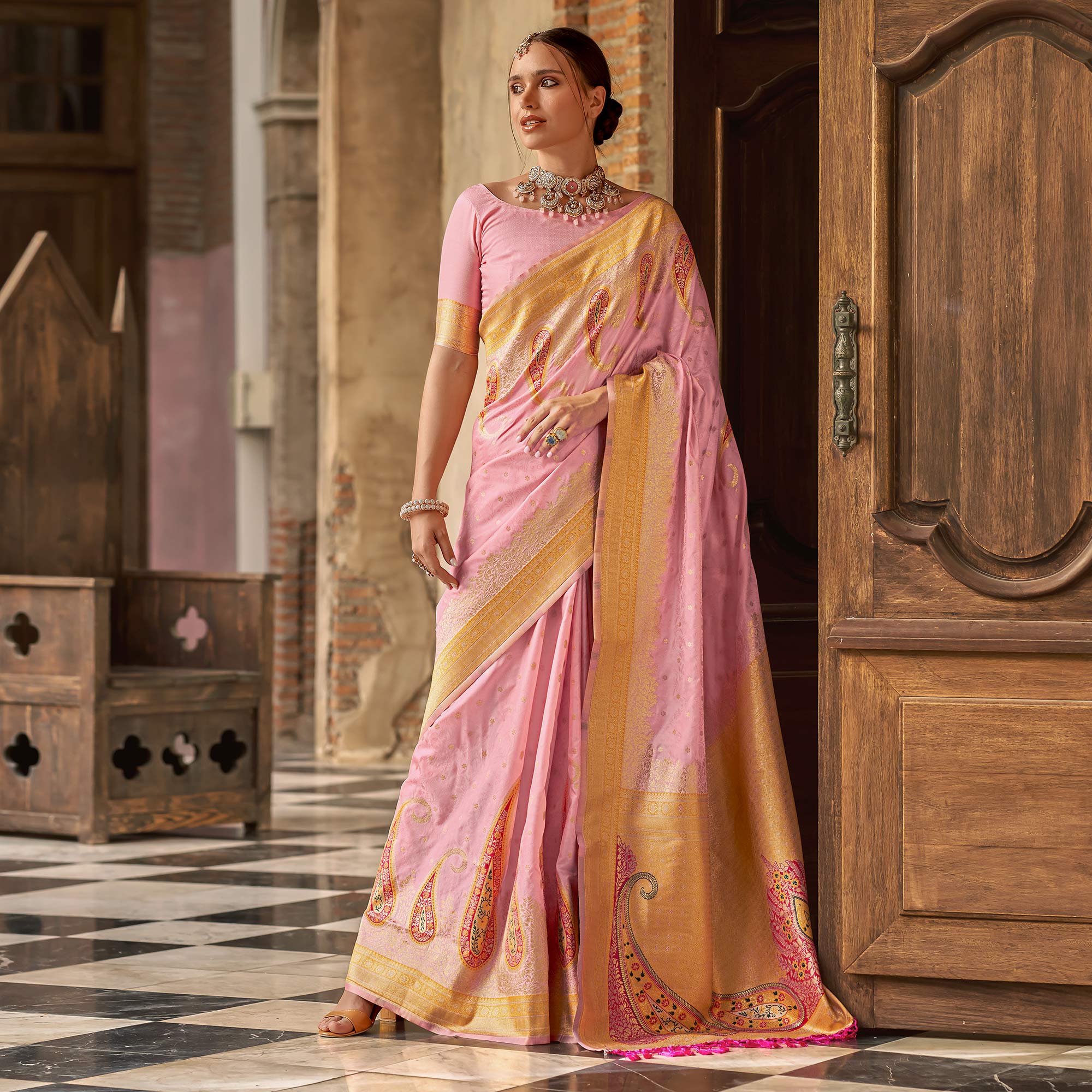 Pink Floral Woven Banarasi Silk Saree With Tassels