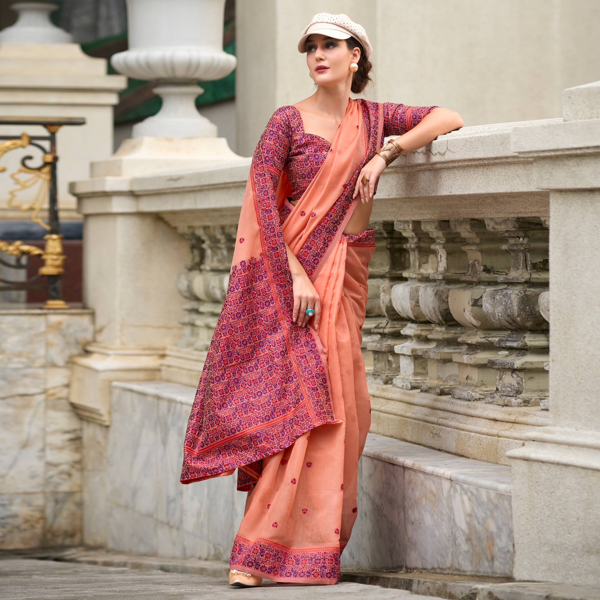 Peach Floral Woven linen Saree