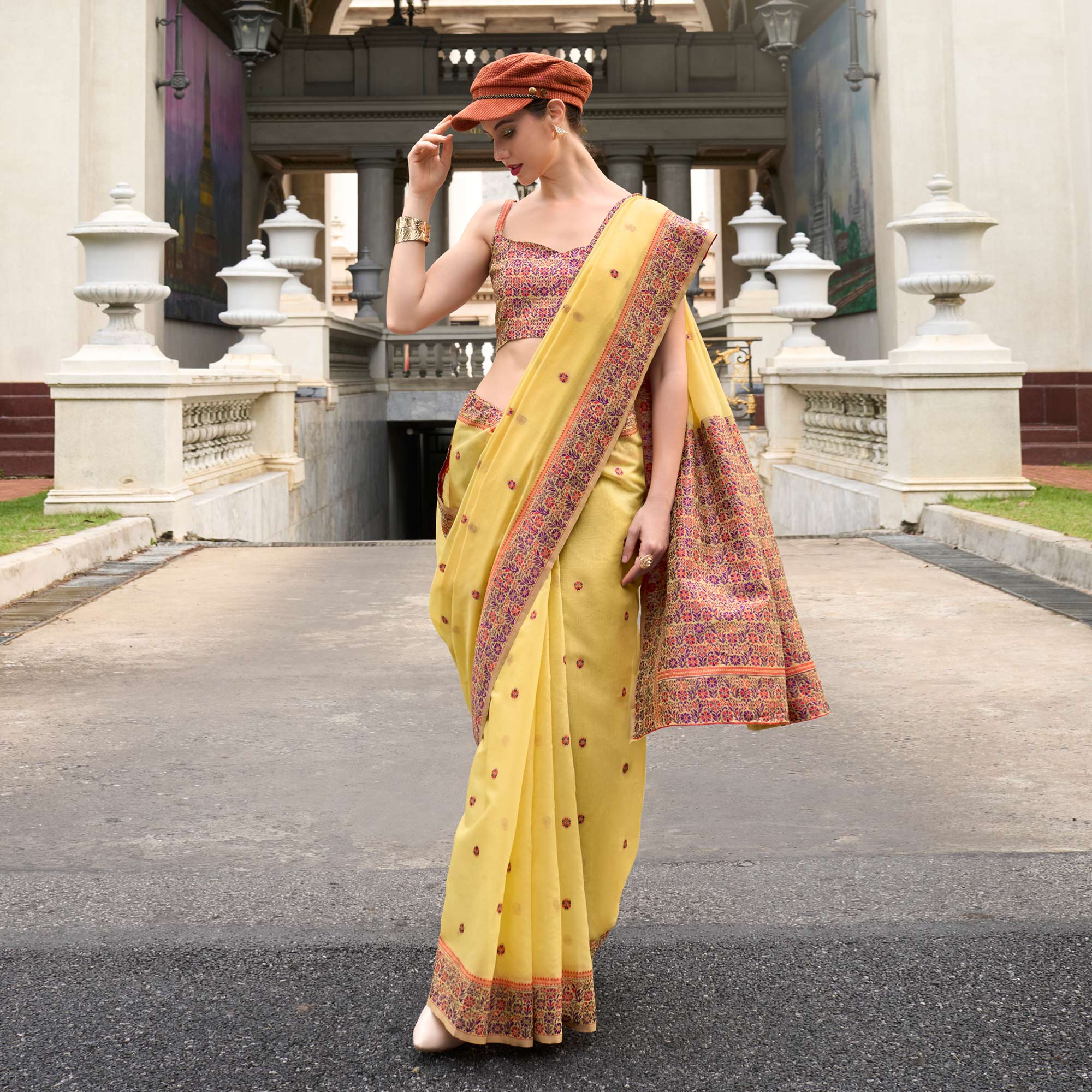 Yellow Floral Woven linen Saree