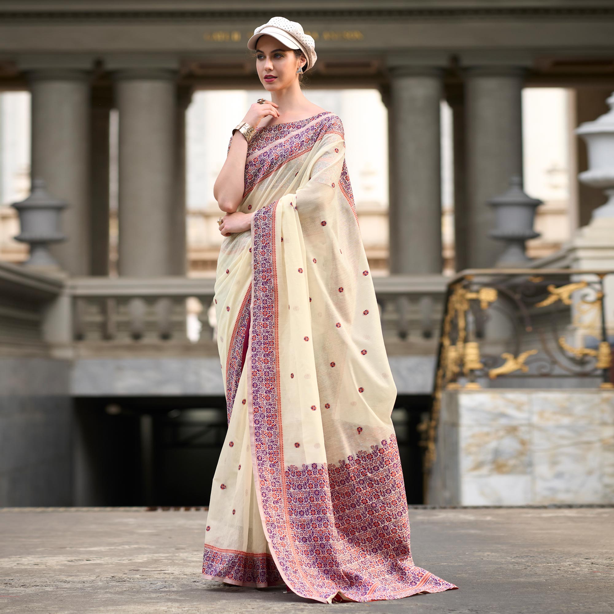 Cream Floral Woven linen Saree