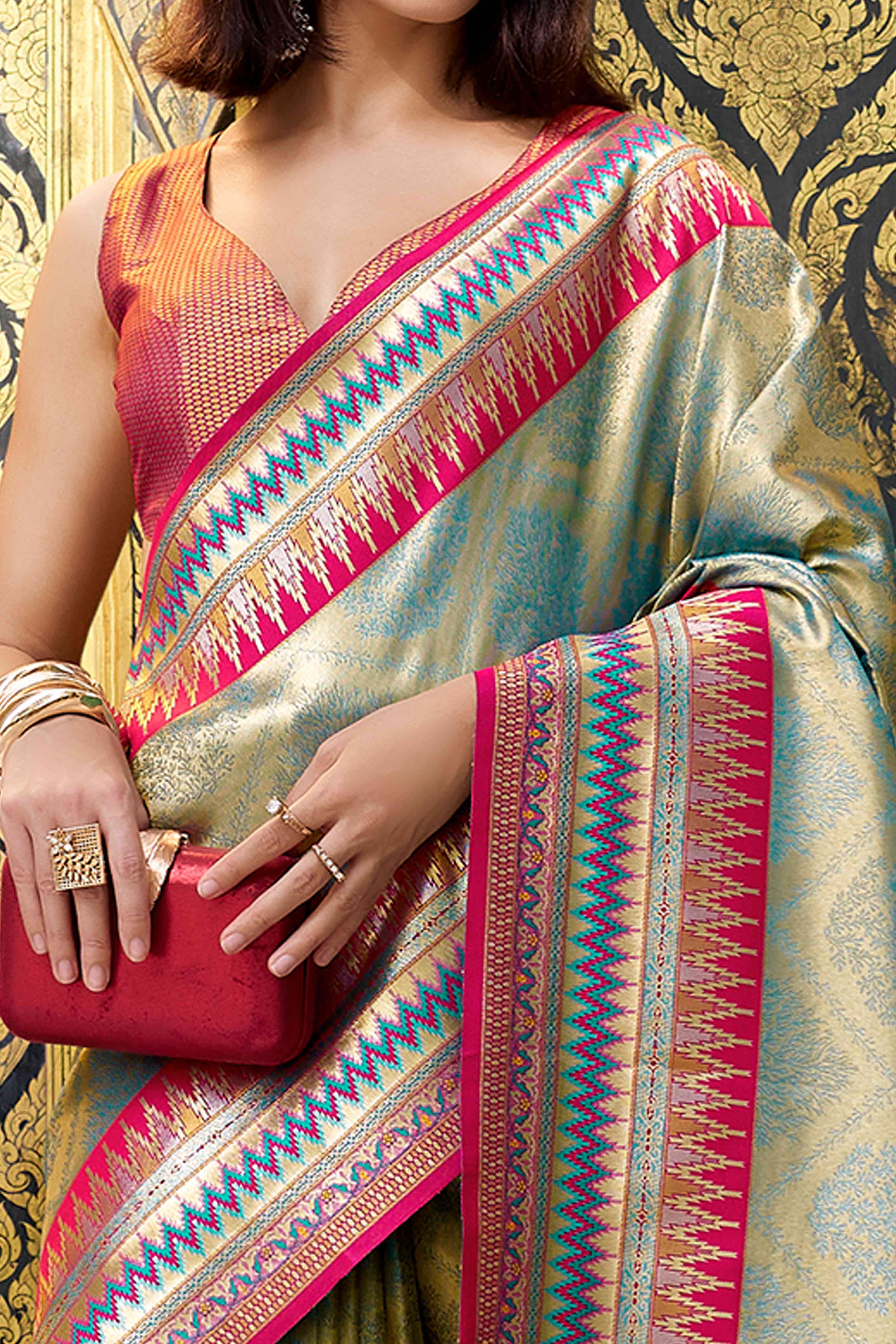 Teal Zari Weaving Tissue Silk Saree