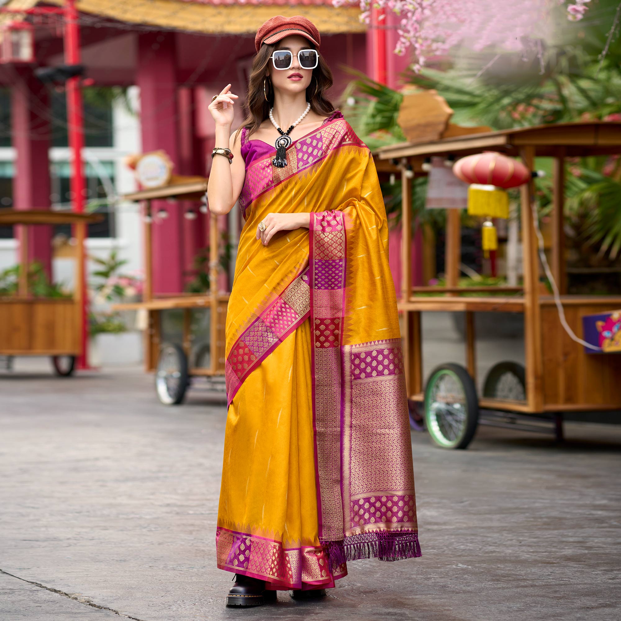 Mustard Zari Motifs Woven Soft Banarasi Silk Saree