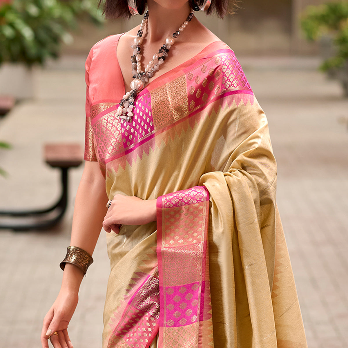 Beige Zari Motifs Woven Soft Banarasi Silk Saree