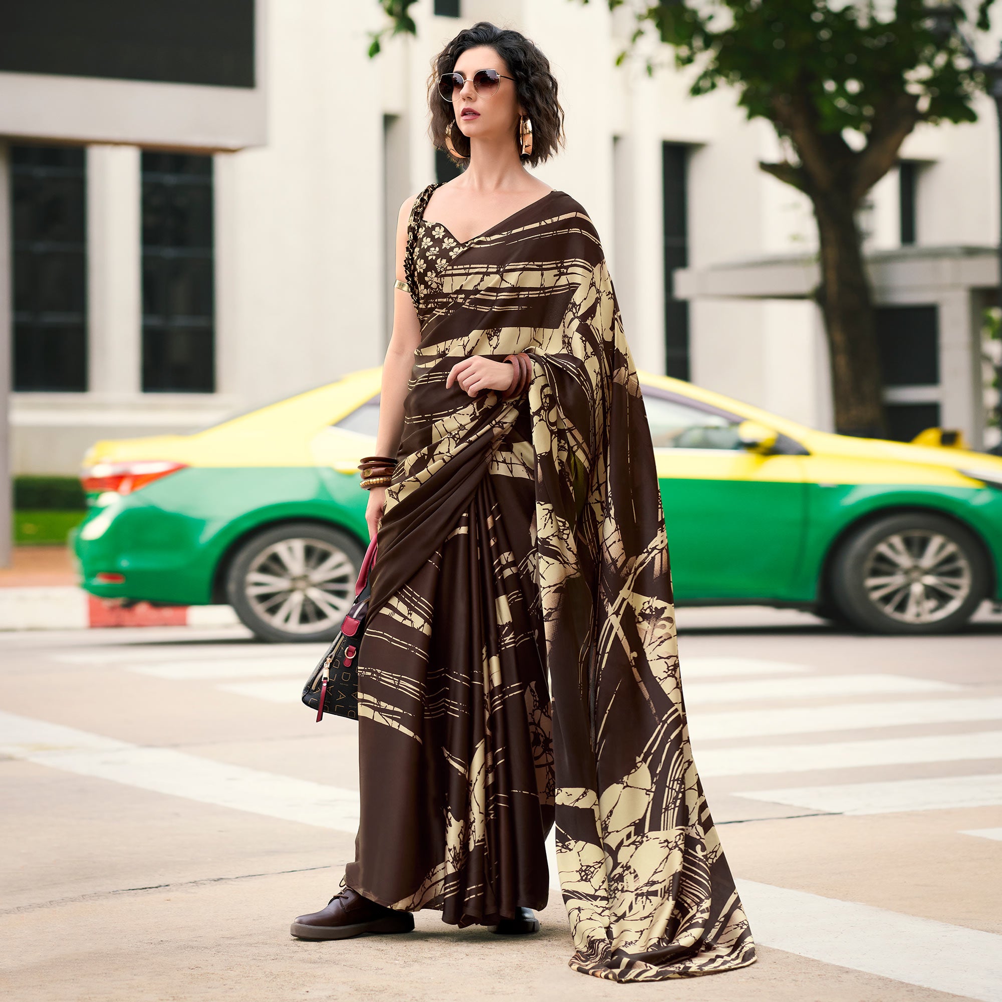 Brown Printed Satin Saree