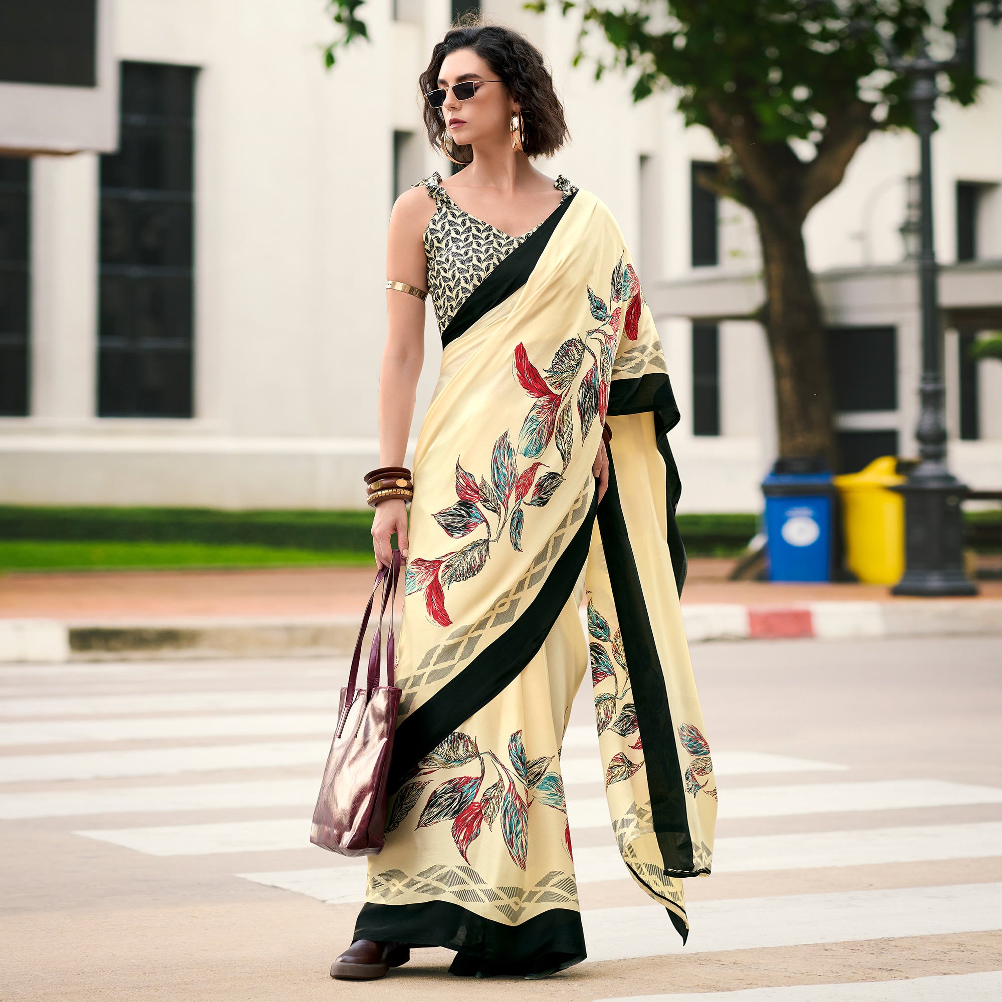 Light Yellow Floral Printed Satin Saree