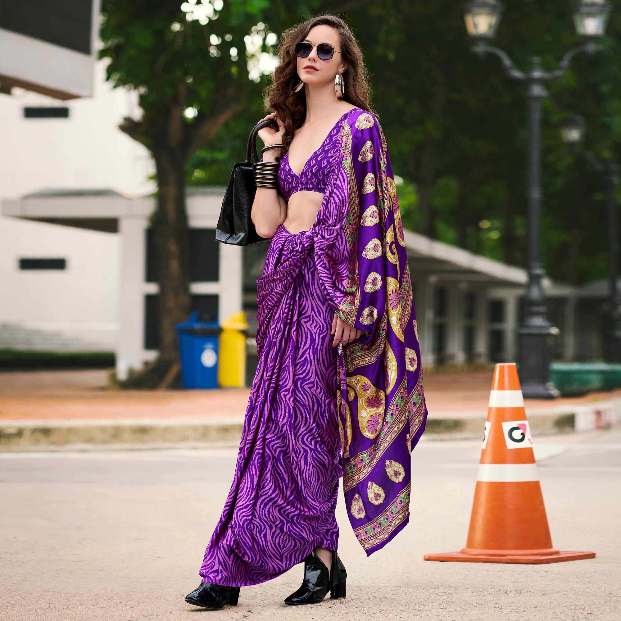 Purple Floral Printed Satin Saree