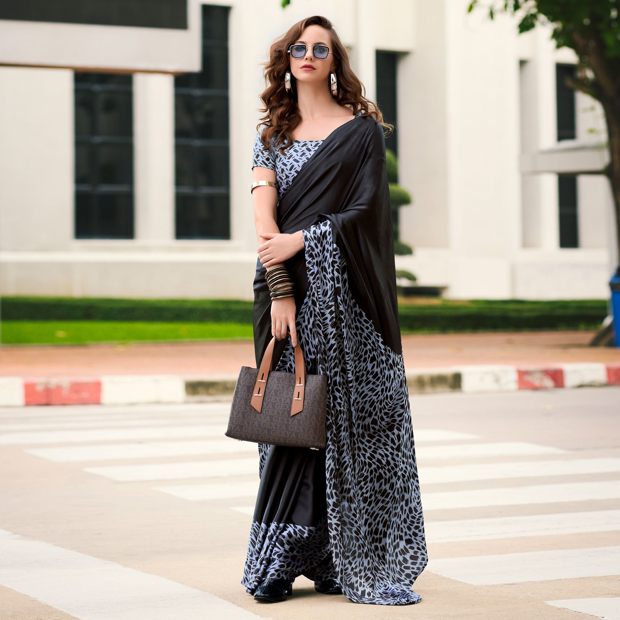 Black Printed Satin Saree