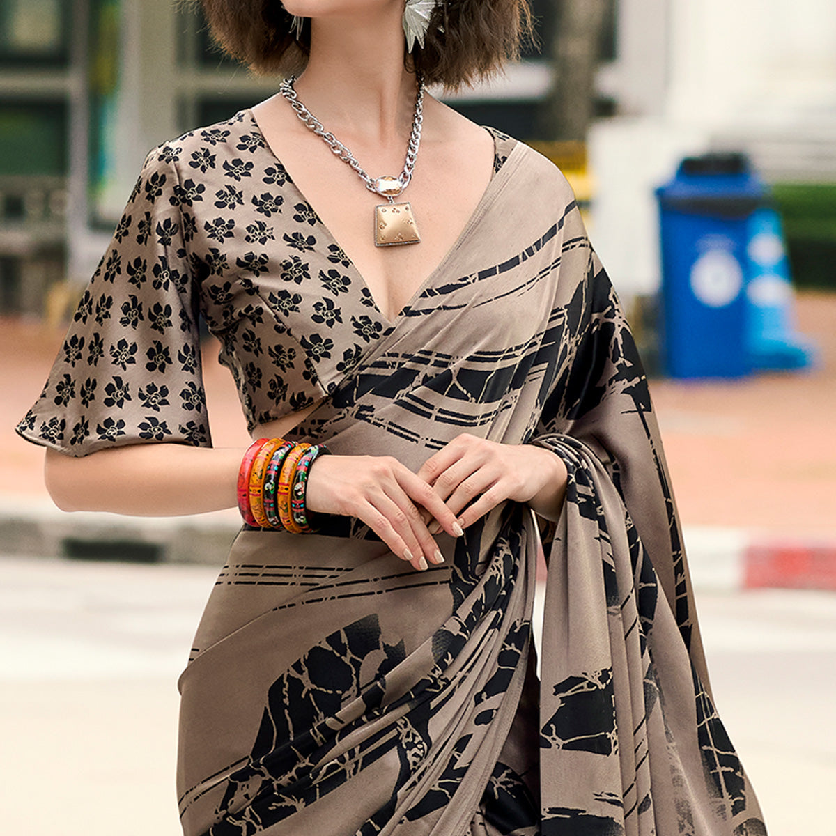 Brown Printed Satin Saree