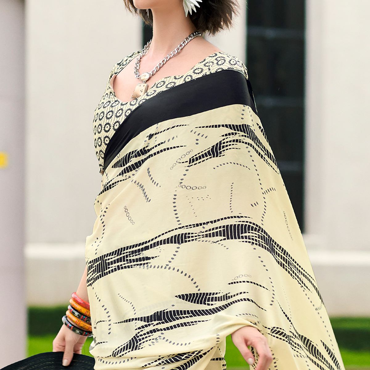 Cream Printed Satin Saree