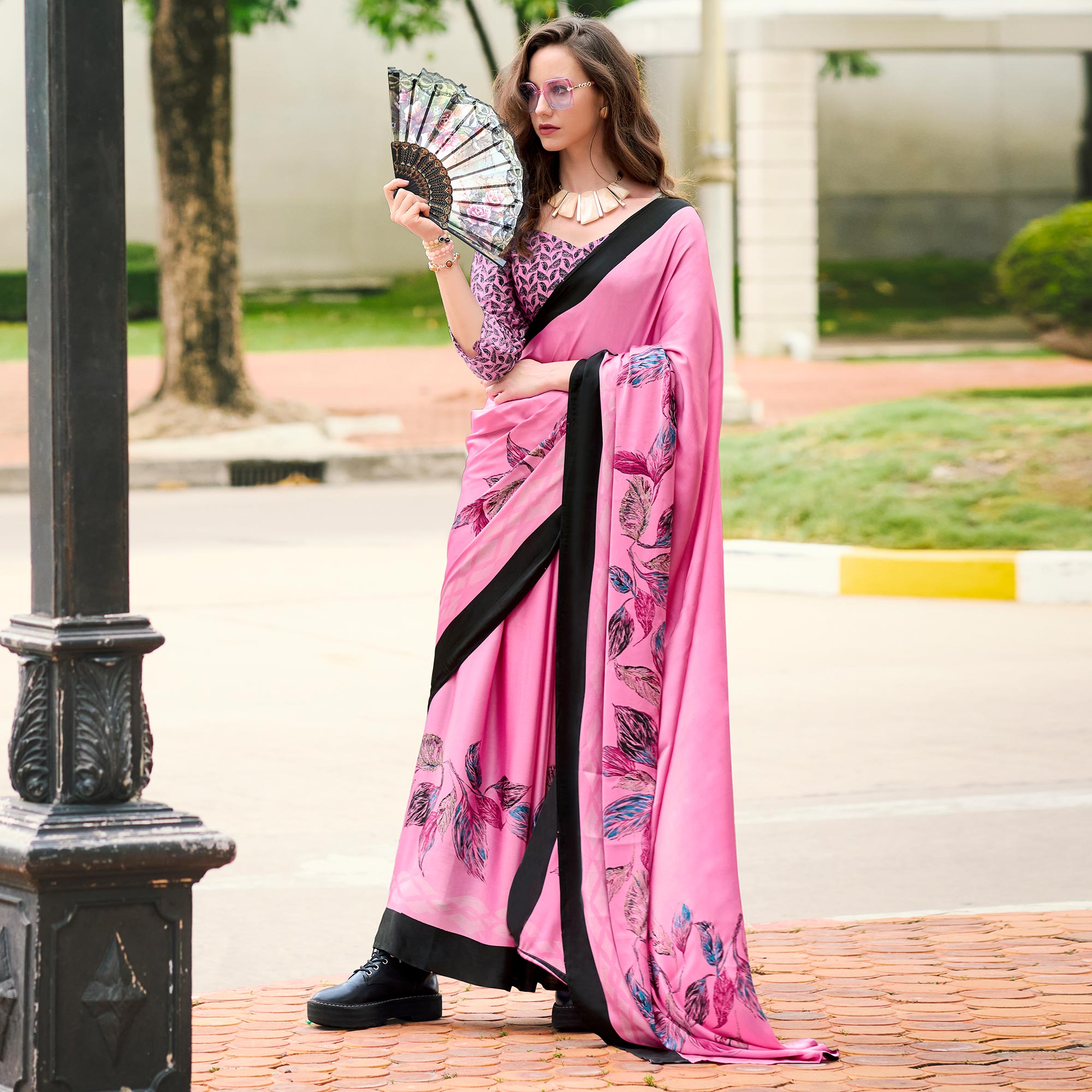 Pink Printed Satin Saree