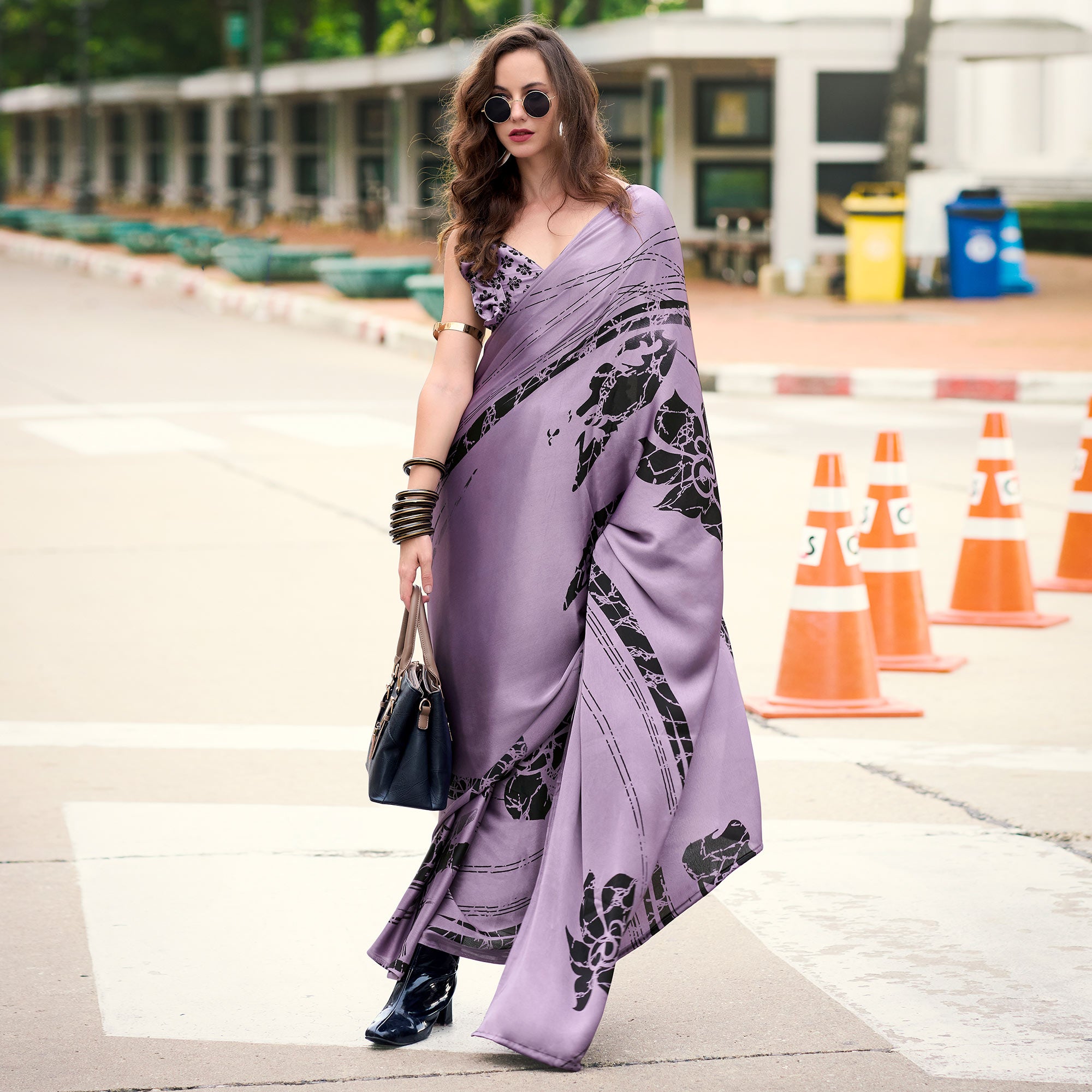 Lavender Printed Satin Saree