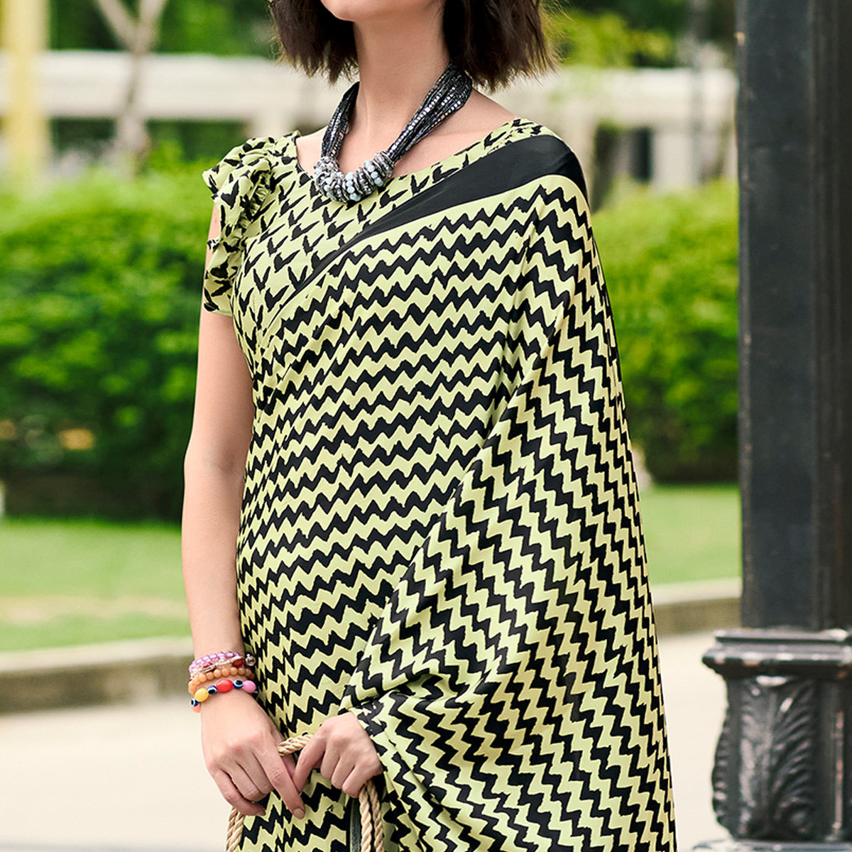 Yellow Zig Zag Printed Satin Saree