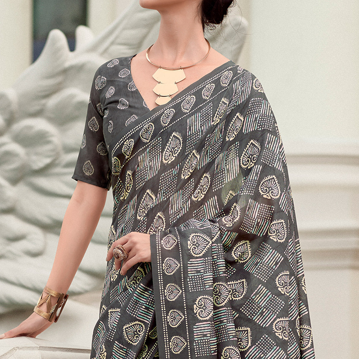 Grey Printed Mul Pure Silk Saree