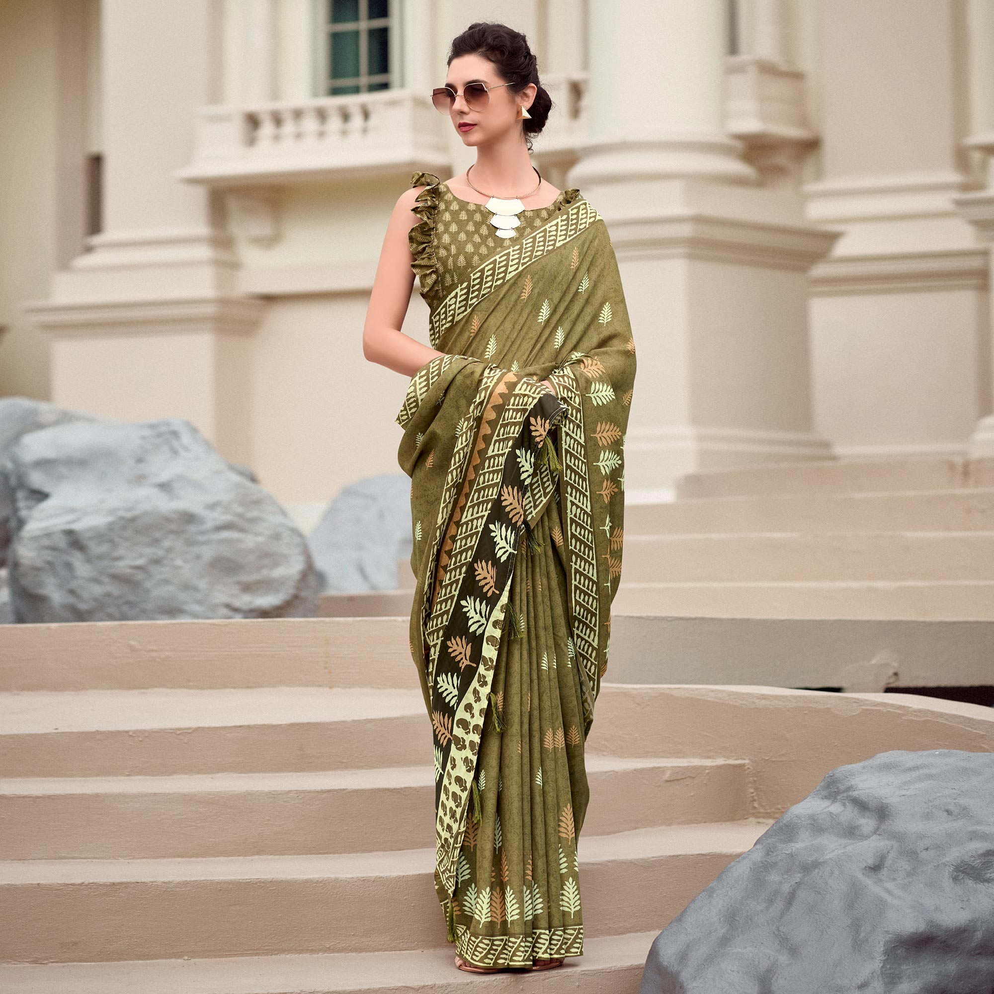 Mehendi Green Printed Mul Pure Silk Saree