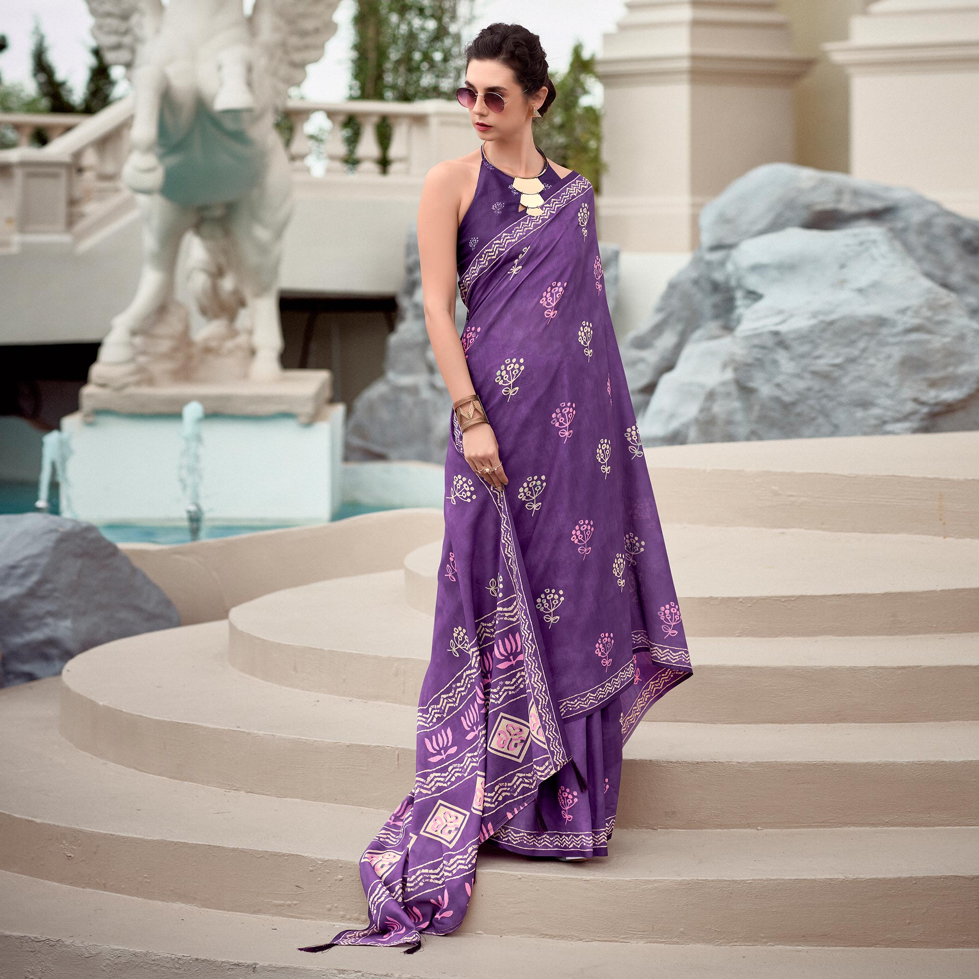 Purple Floral Printed Mul Pure Silk Saree