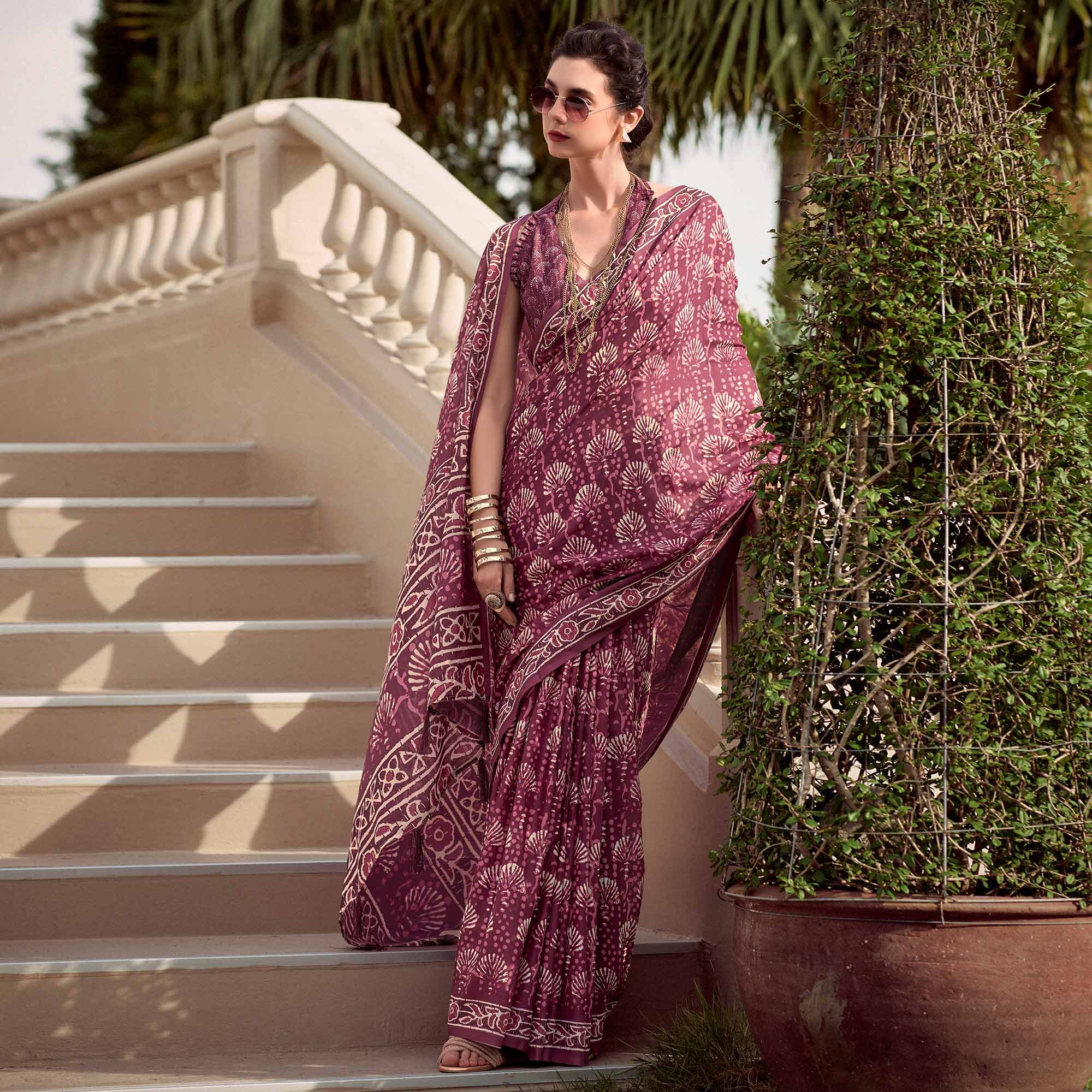 Wine Floral Printed Mul Pure Silk Saree