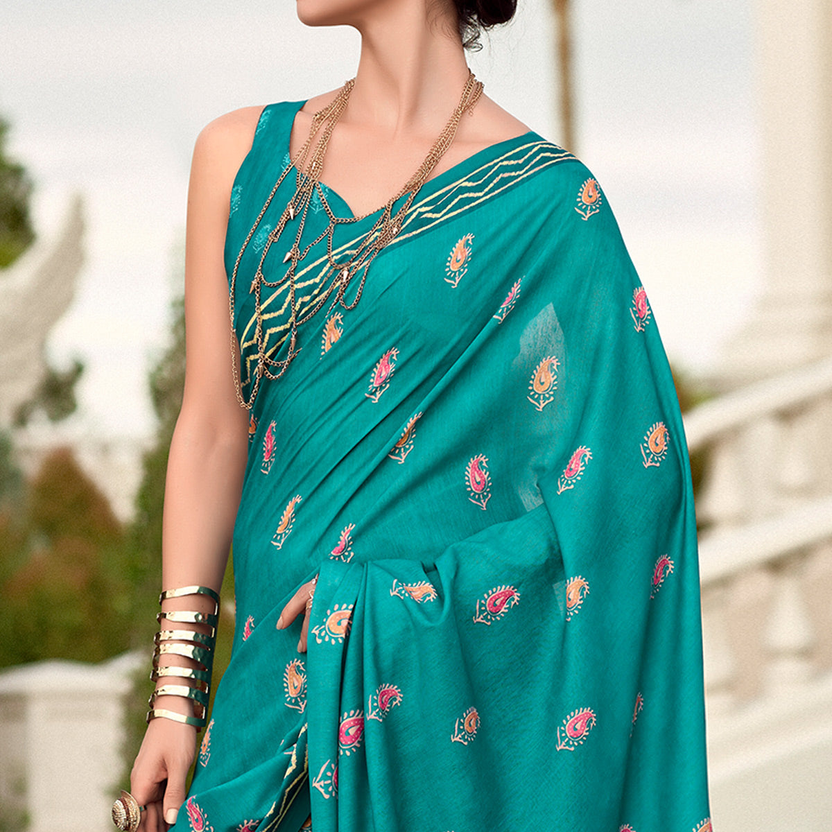 Rama Blue Printed Mul Pure Silk Saree