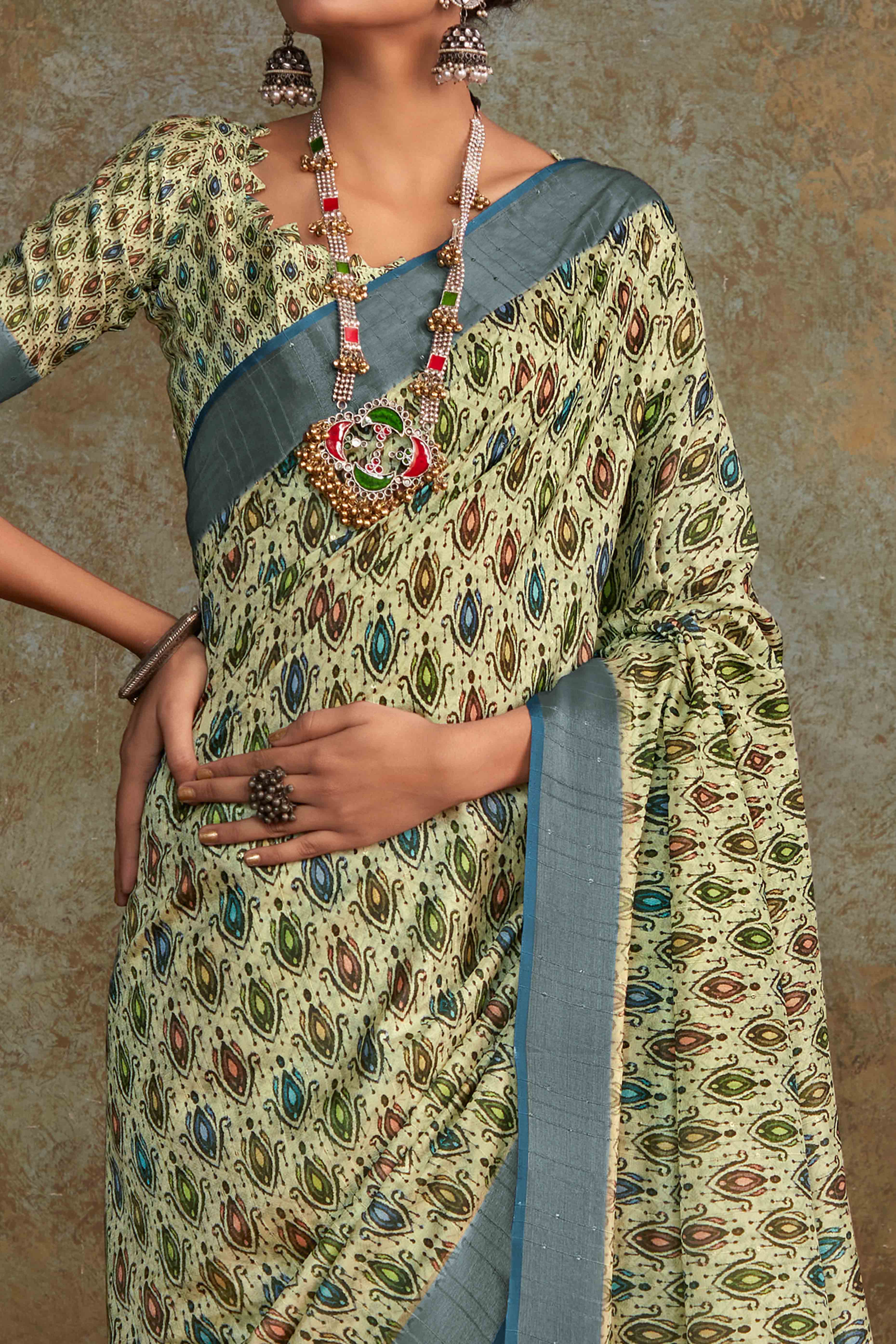 Green Floral Printed Cotton Silk Saree