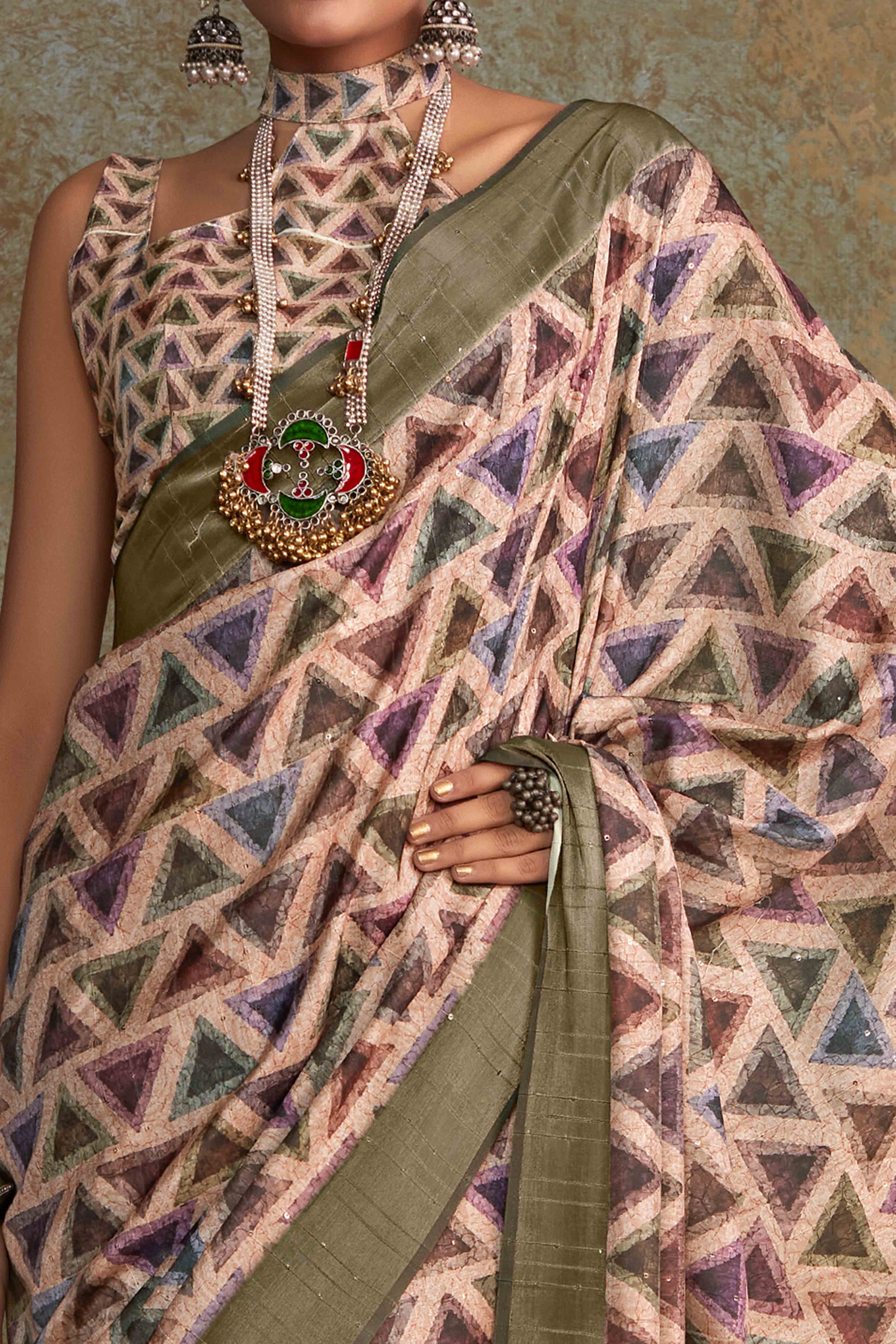 Peach Geometric Printed Cotton Silk Saree