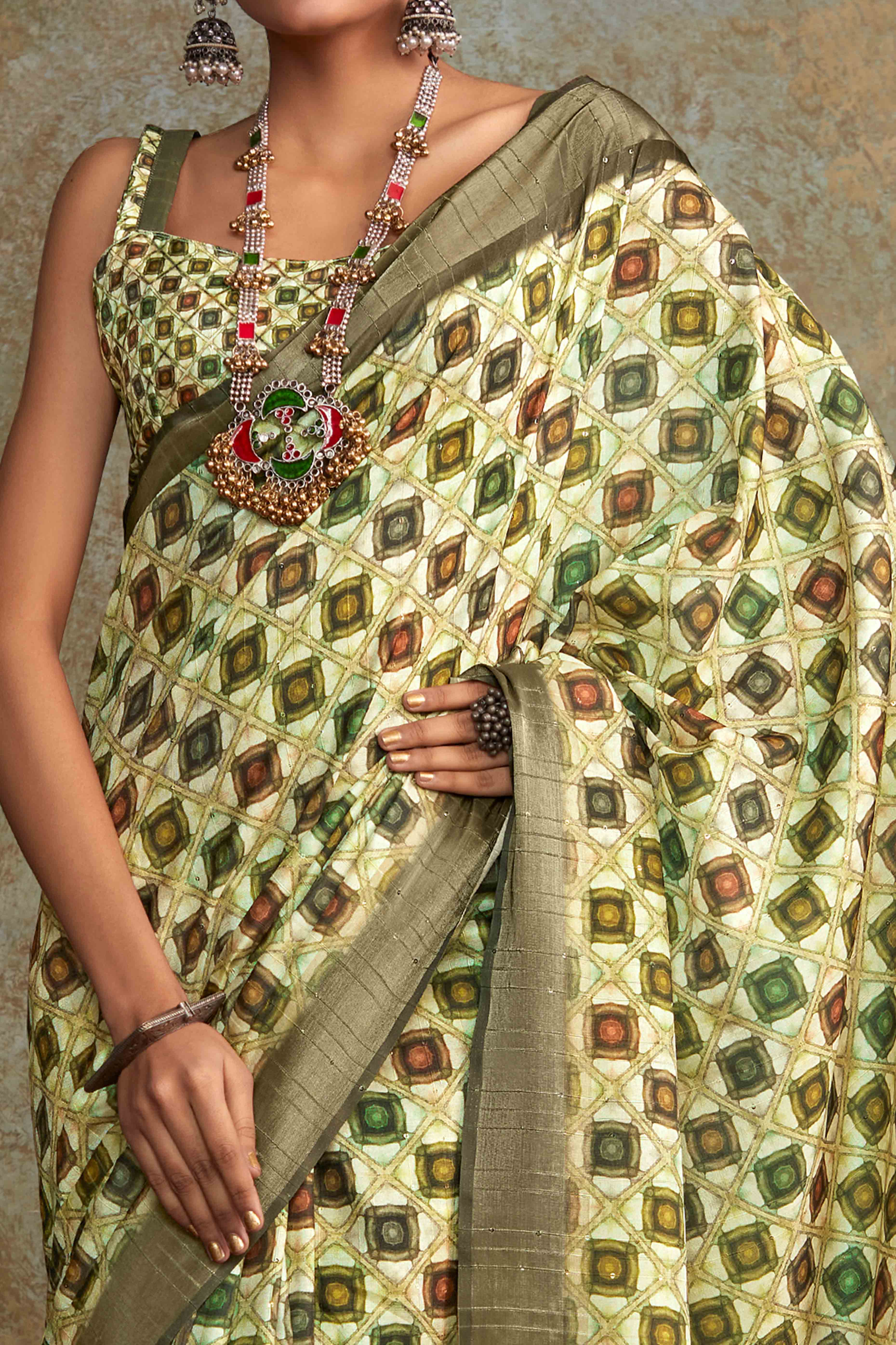 Green Geometric Printed Cotton Silk Saree