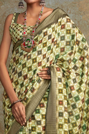 Green Geometric Printed Cotton Silk Saree