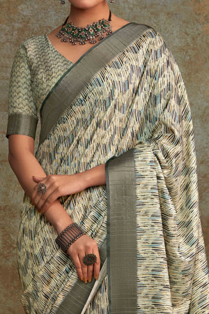 Sage Green Geometric Printed Cotton Silk Saree