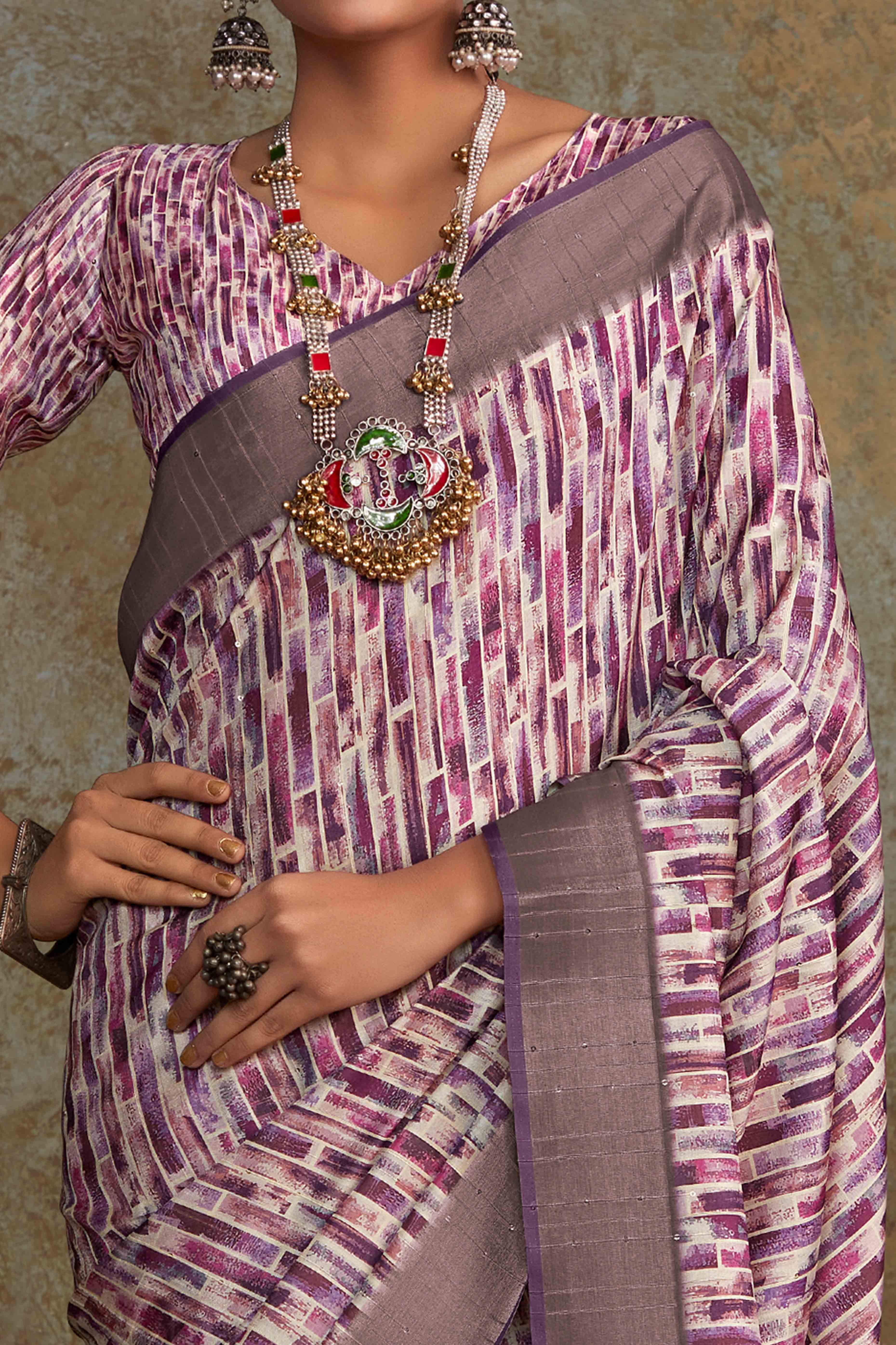 Purple Geometric Printed Cotton Silk Saree