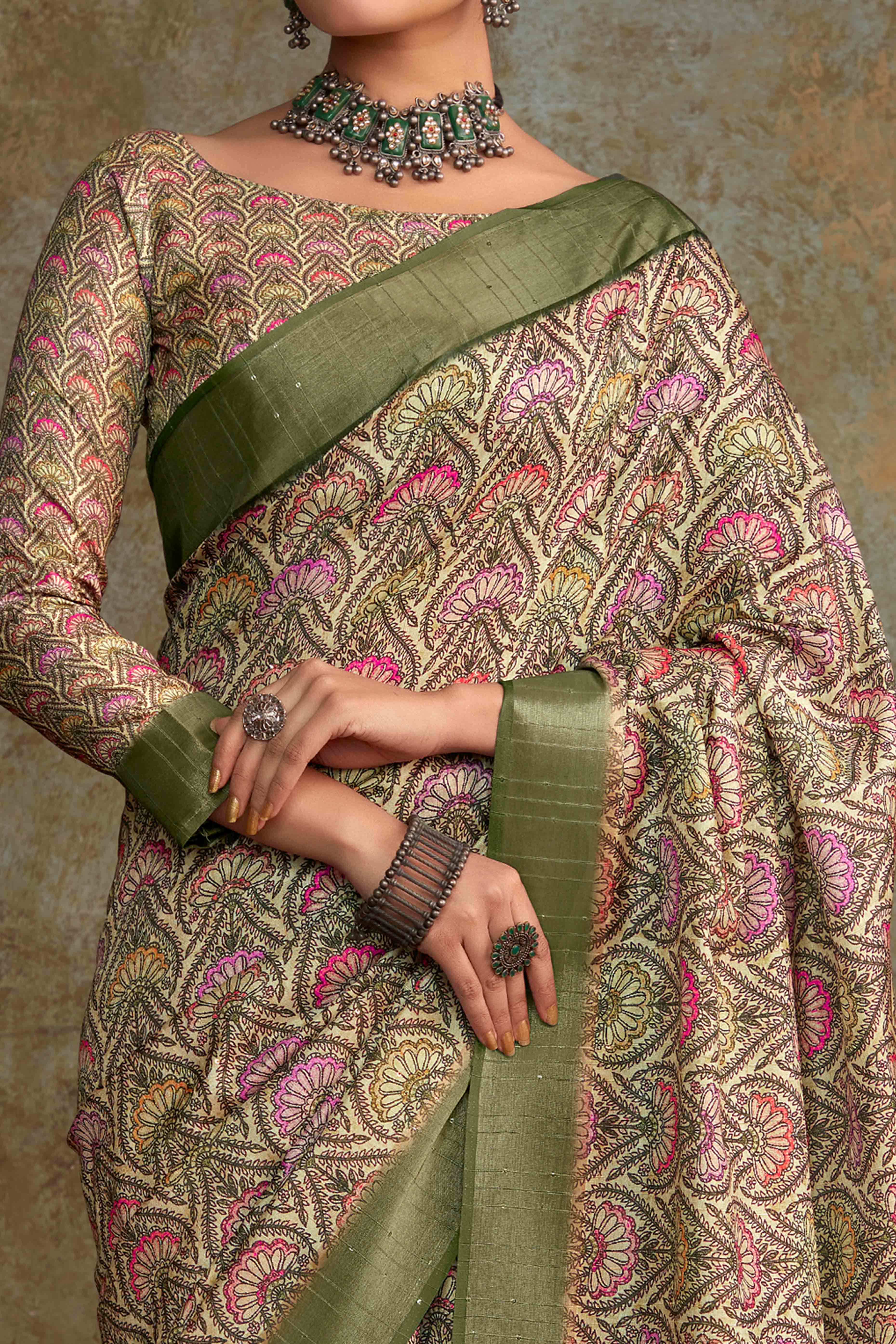 Green Floral Printed Cotton Silk Saree