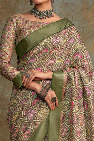 Green Floral Printed Cotton Silk Saree