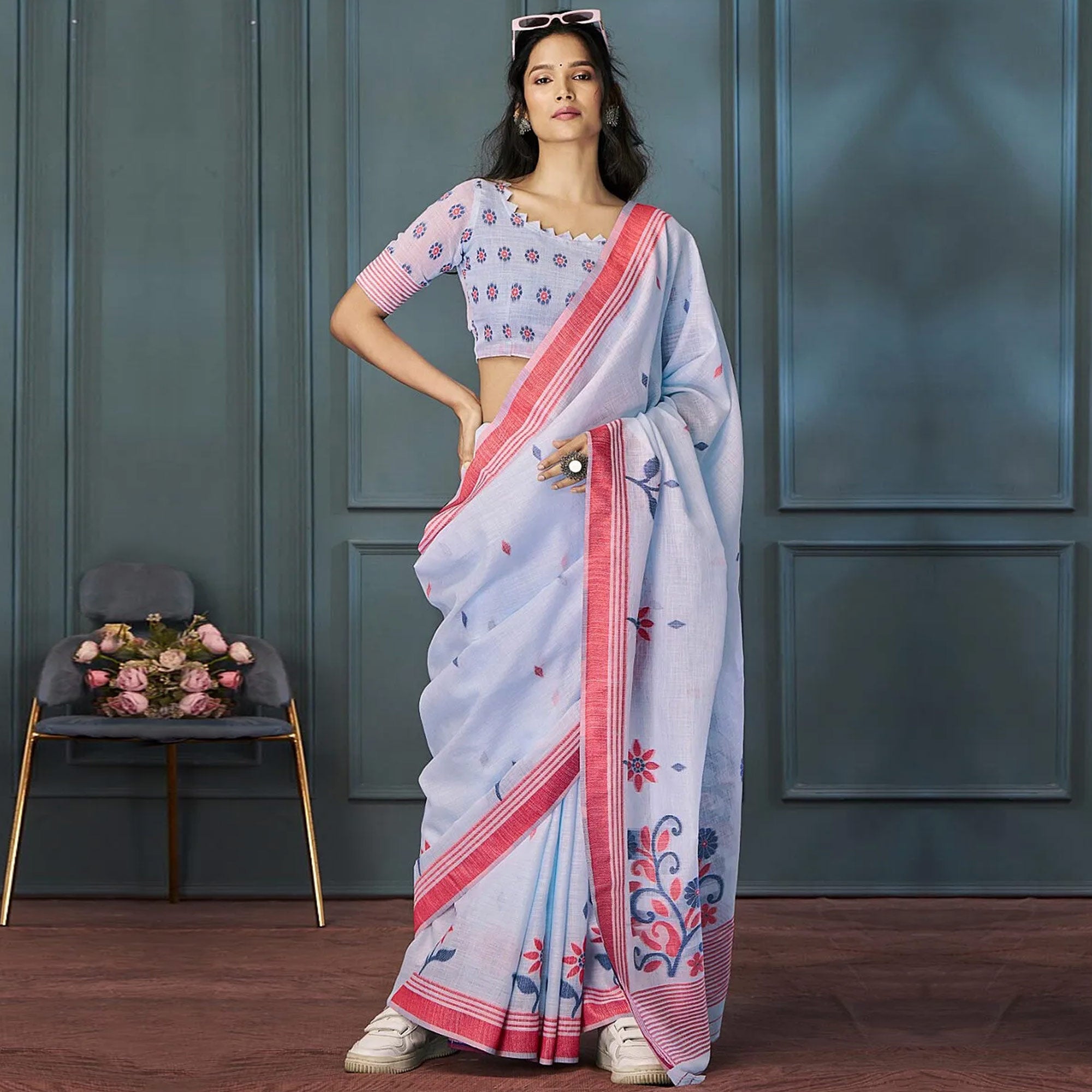 Blue Floral Woven linen Saree