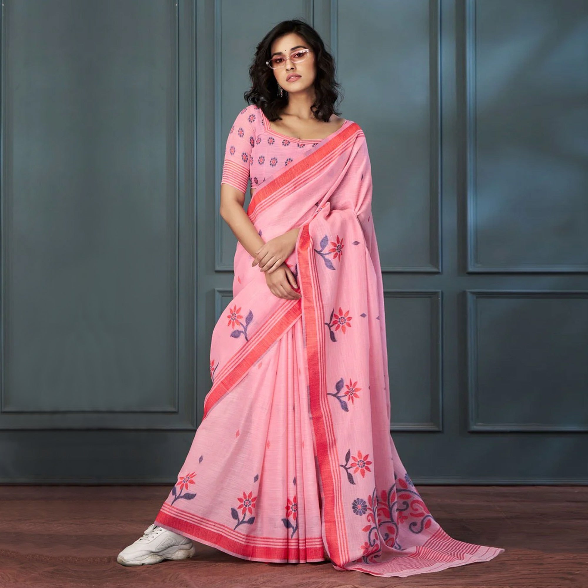 Pink Floral Woven linen Saree