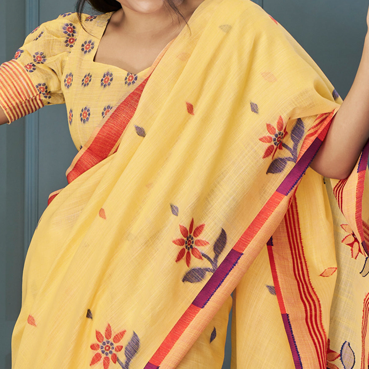 Yellow Floral Woven linen Saree