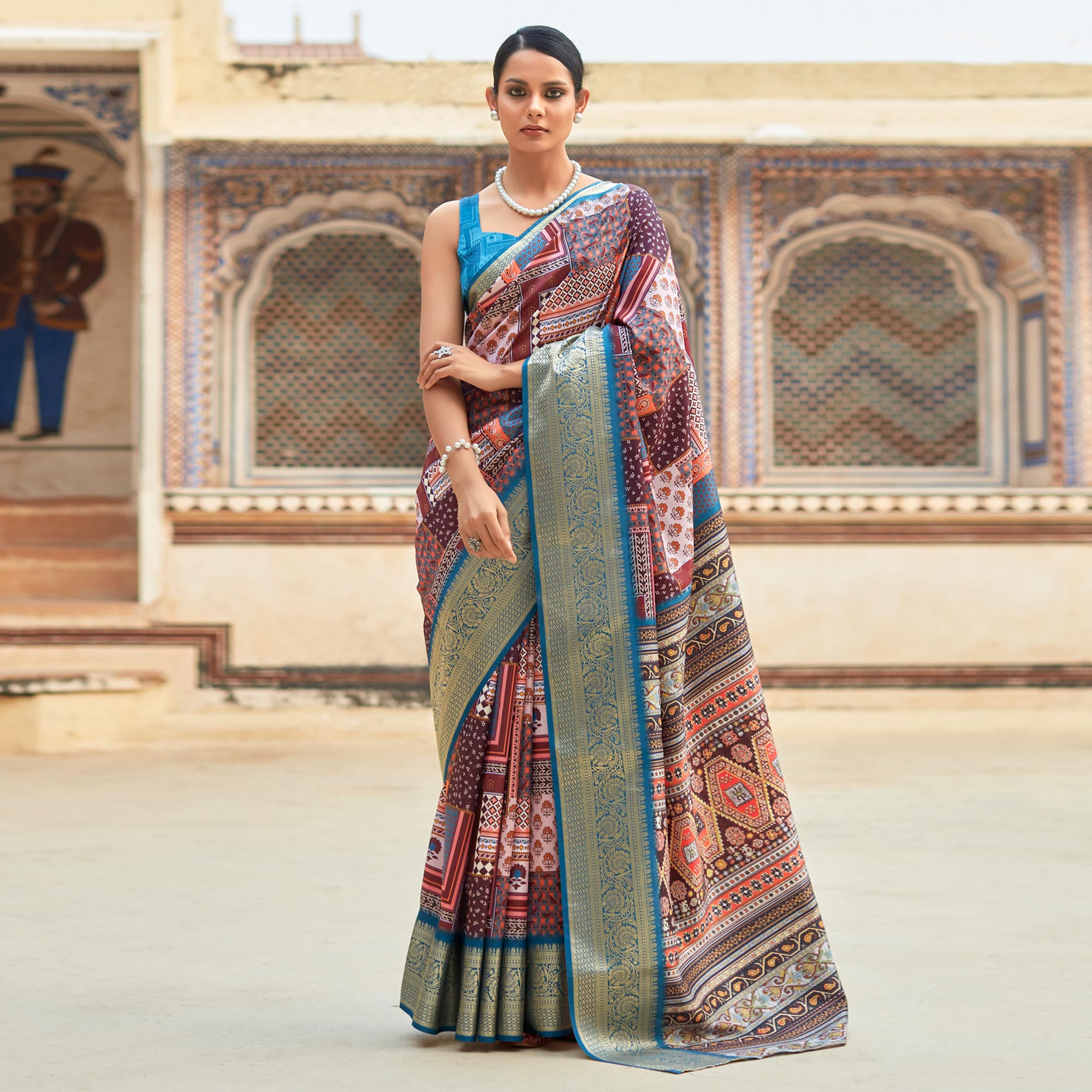 Brown & Blue Printed Dola Silk Saree