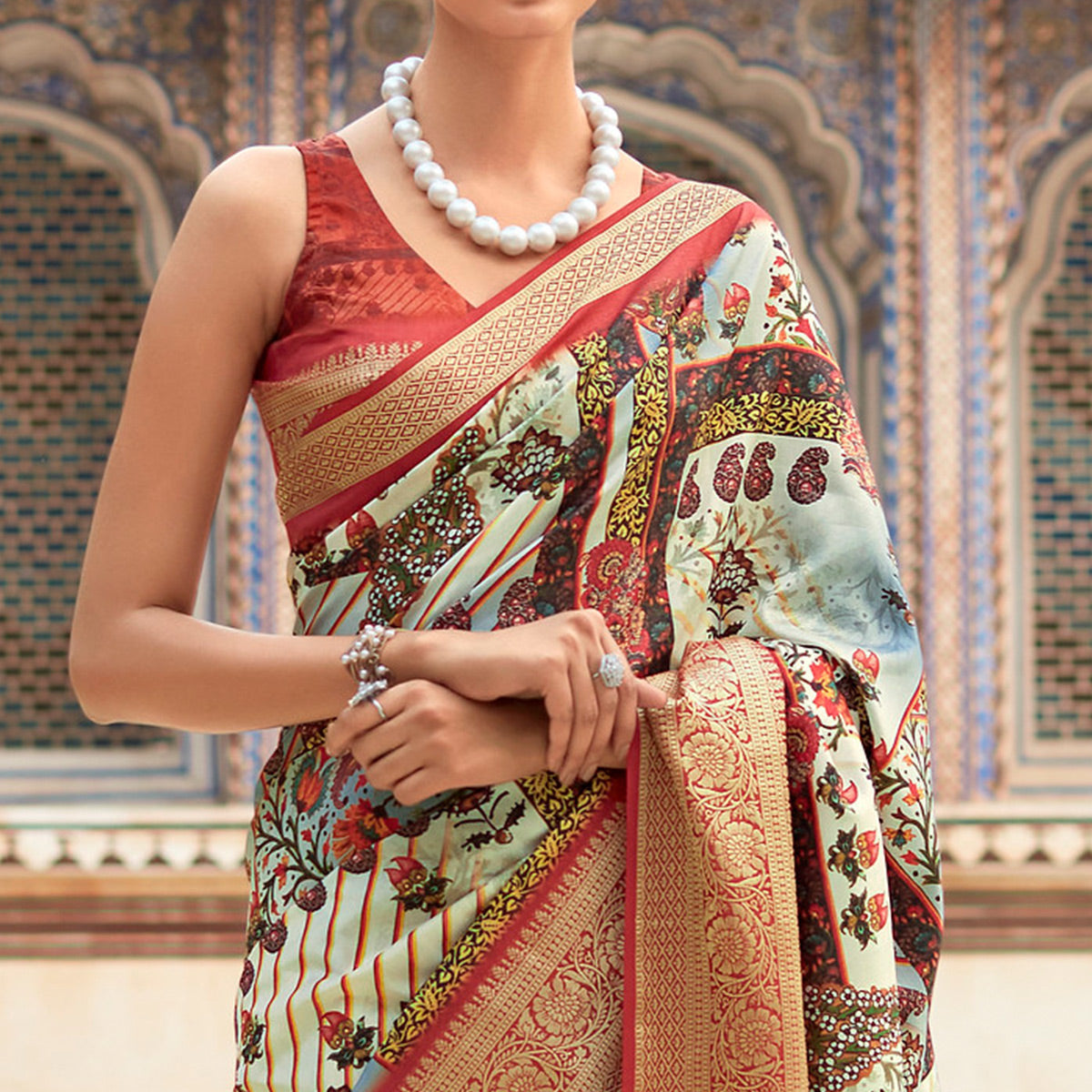 Beige & Red Printed Dola Silk Saree