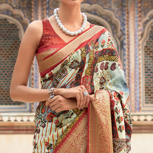 Beige & Red Printed Dola Silk Saree