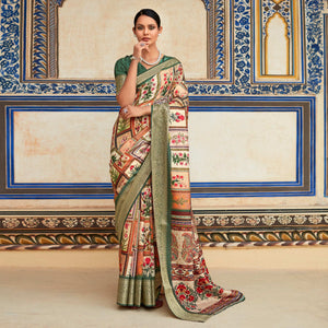 Beige & Green Printed Dola Silk Saree