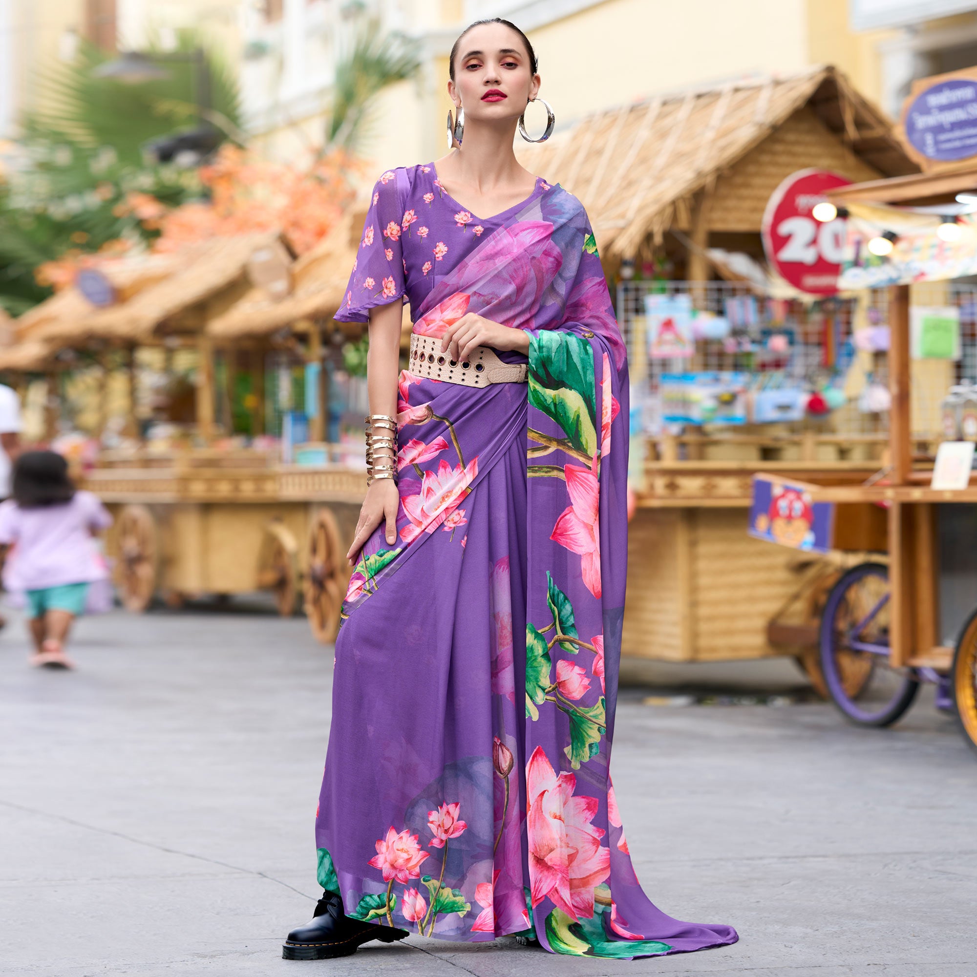 Lavender Floral Printed Georgette Saree