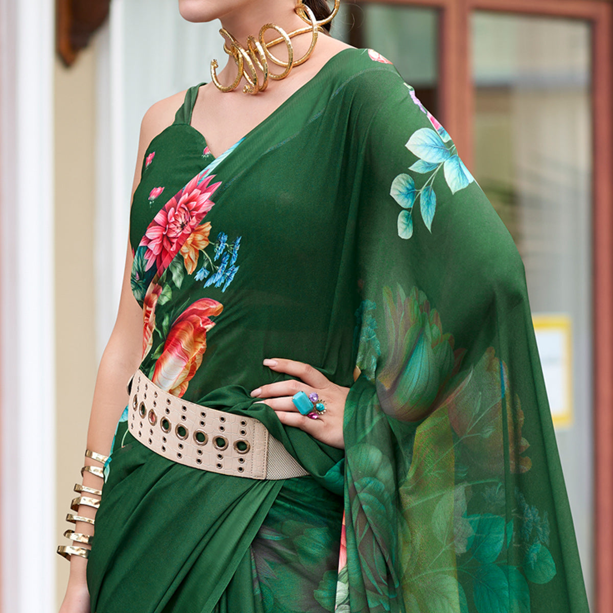 Green Floral Printed Georgette Saree