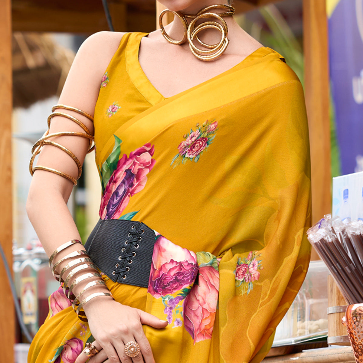 Mustard Floral Printed Georgette Saree