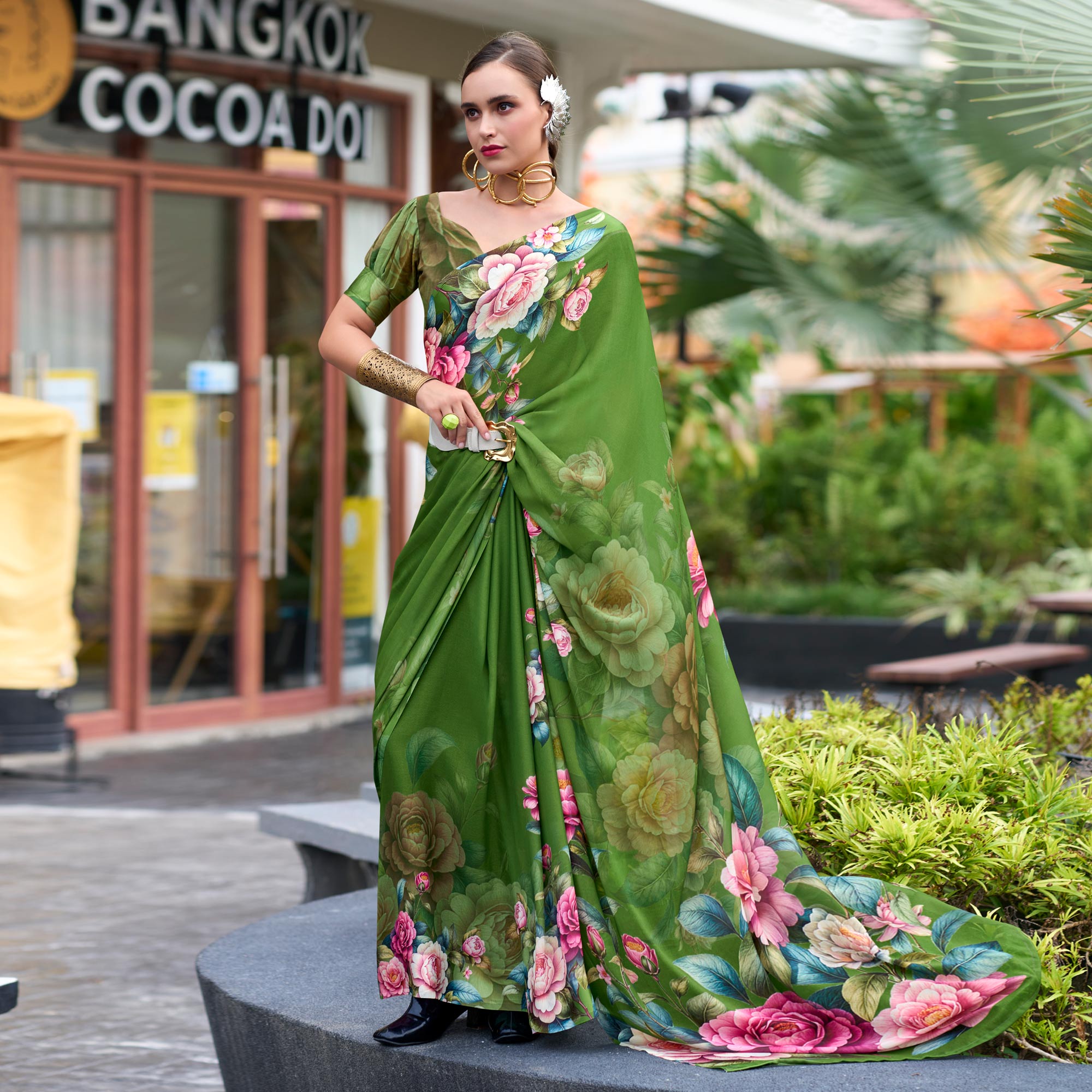 Green Floral Printed Georgette Saree