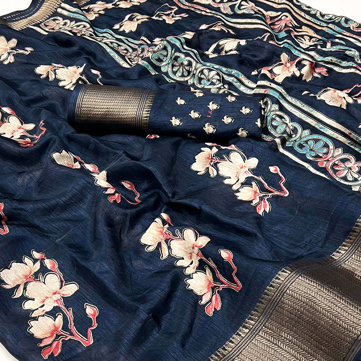 Blue Floral Foil Printed Dola Silk Saree With Jacquard Border